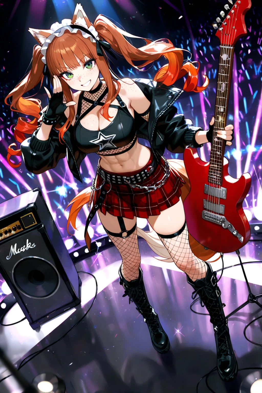 the girl lead singer of a heavy metal band, live show, in a sexy bikini, orange hair, big breasts, punk rock belt, black leather pants, lit stage and fireworks.