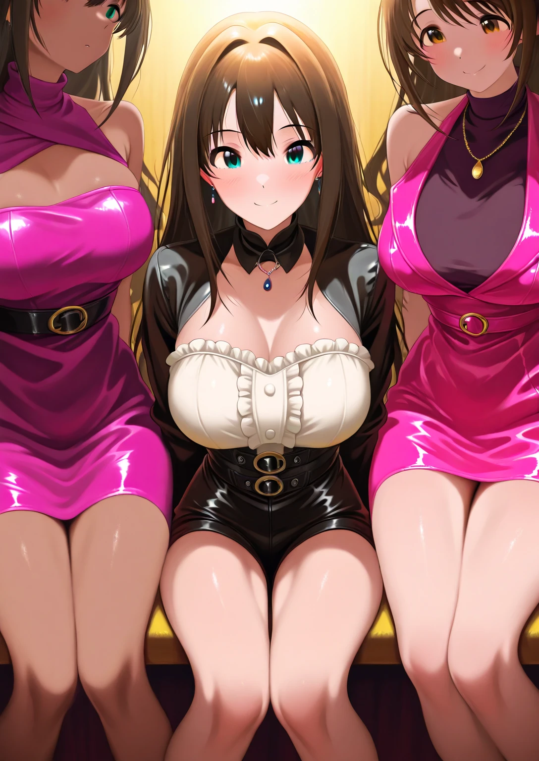 masterpiece, official, (mature women lined up with their  are sticking out towards viewer:1.4), (bodycon, microdress), (detailed pupils, perfect eyes:1.2), (extremely wrinkled shiny clothes reflecting light:1.2), glitter, sparkly golden, (hoop earrings), necklace, latex, gleaming skin, glamorous perfect female proportion, captivating smile,  detailed surface texture, evil smile, (venue)