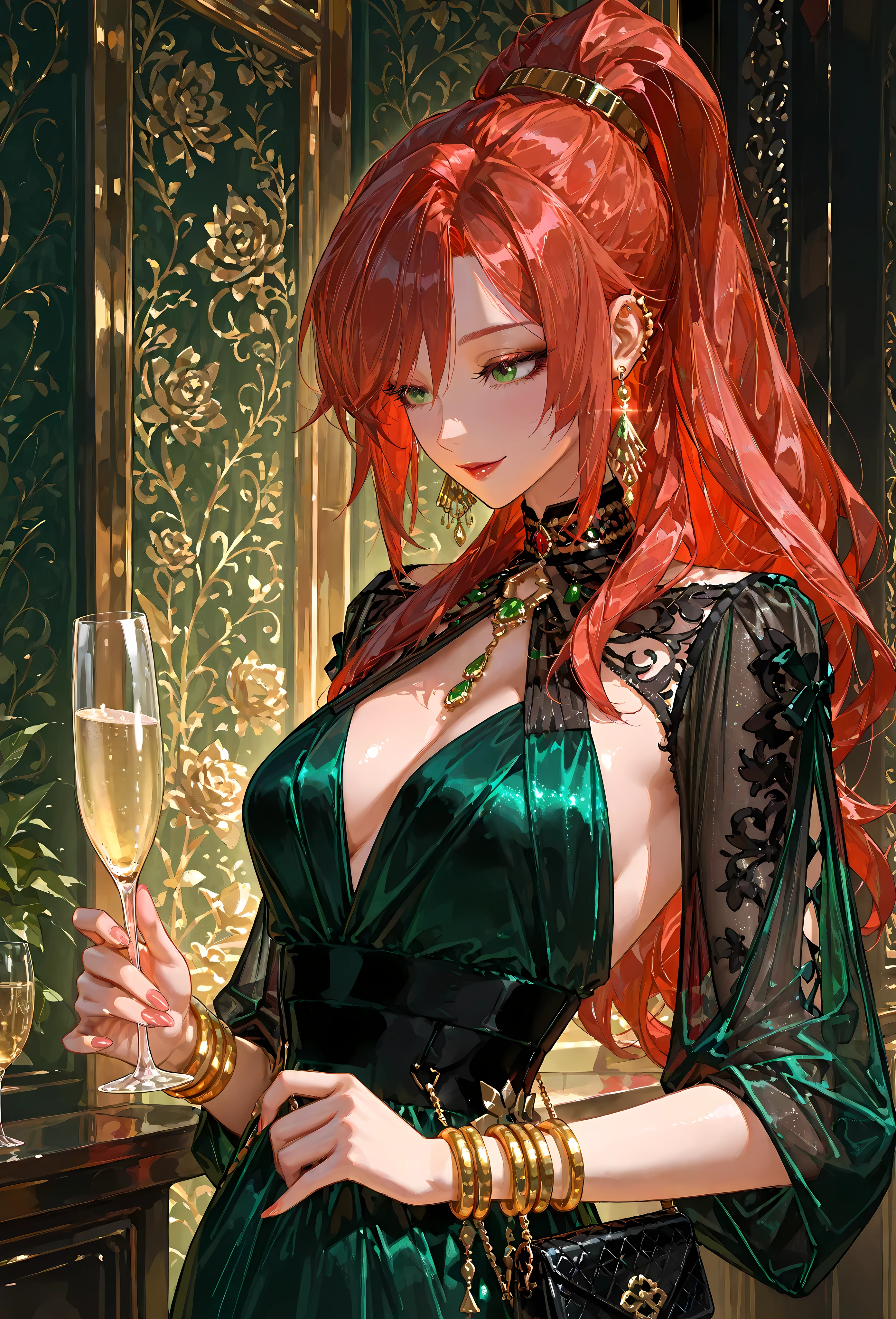 red_eyes, red_hair,best quality, upper body, seductive smile, more_details:-1, more_details:0, more_details:0.5, more_details:1, more_details:1.5, ,Arima_Kana, beret,bracelets, high slit dress, equins blue, jewelry, necklace, sequins green party dress, golden embroidery, jewelry, elegance gala, (dark background), luxury interior, full moon, fur shawl,