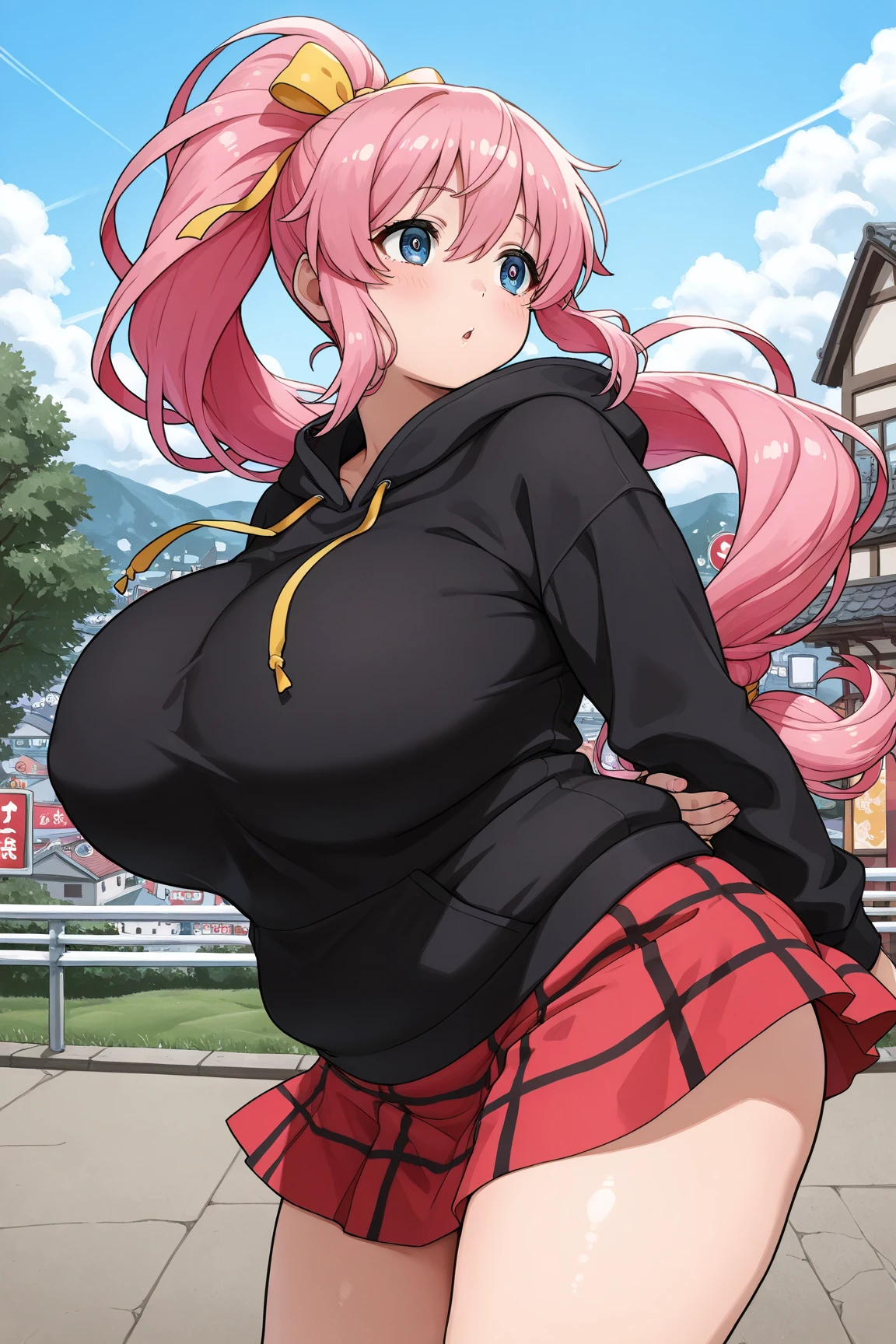 masterpiece, best quality, 1girl,(gigantic breasts), (wide hips),(thick thighs), tank top, blue tank top, sports shorts, sports jacket, open jacket, skindetantion, blue thighhighs,(hakari_blush:1.6),(blush:1.2), happy, joyful, bedroom, pink hair, green eyes, slender waist, hair ornament, flower ornament, hakari_flower, twin_hair_ornaments, hair_ornament_in_both_sides_of_the_head, hakari_eye, hakari, long hair, extremely long hair, 