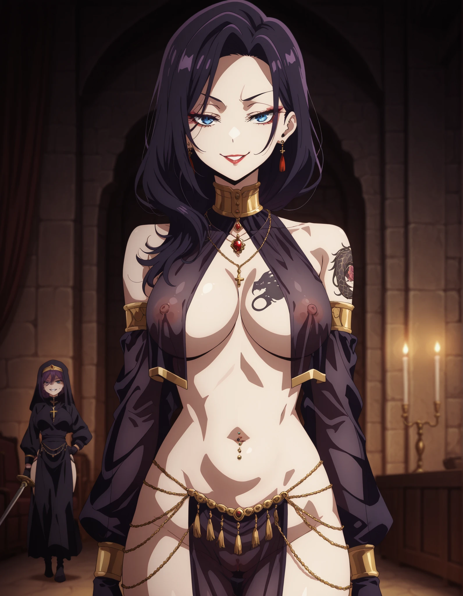 houjou ranko, white skin, earrings, necklace,black hair, large breasts, long hair,, blush, lipstick, Hot girl, baddie, staring, glaring, bad attitude, mean girl, crazy, smoking, sensual, attractive, masterpiece, best quality, highly detailed ,glint,halterneck,gold_choker, complex detailed background,
inside, stone wall, ancient interior, ancient egyptian room, hieroglyphs, dark lighting, dark
atmosphere, (cowboy shot), holding a sword, sword, belly_chain,harem_outfit,navel, necklace,
pelvic_curtain,revealing_clothes, veil,masterpiece,best quality,1girl,mature,evil smile, smile,
female,mature,necklace,pendant, (nsfw) not safe for work, exposed belly, exposed navel, exposed
midriff, exposed lower belly