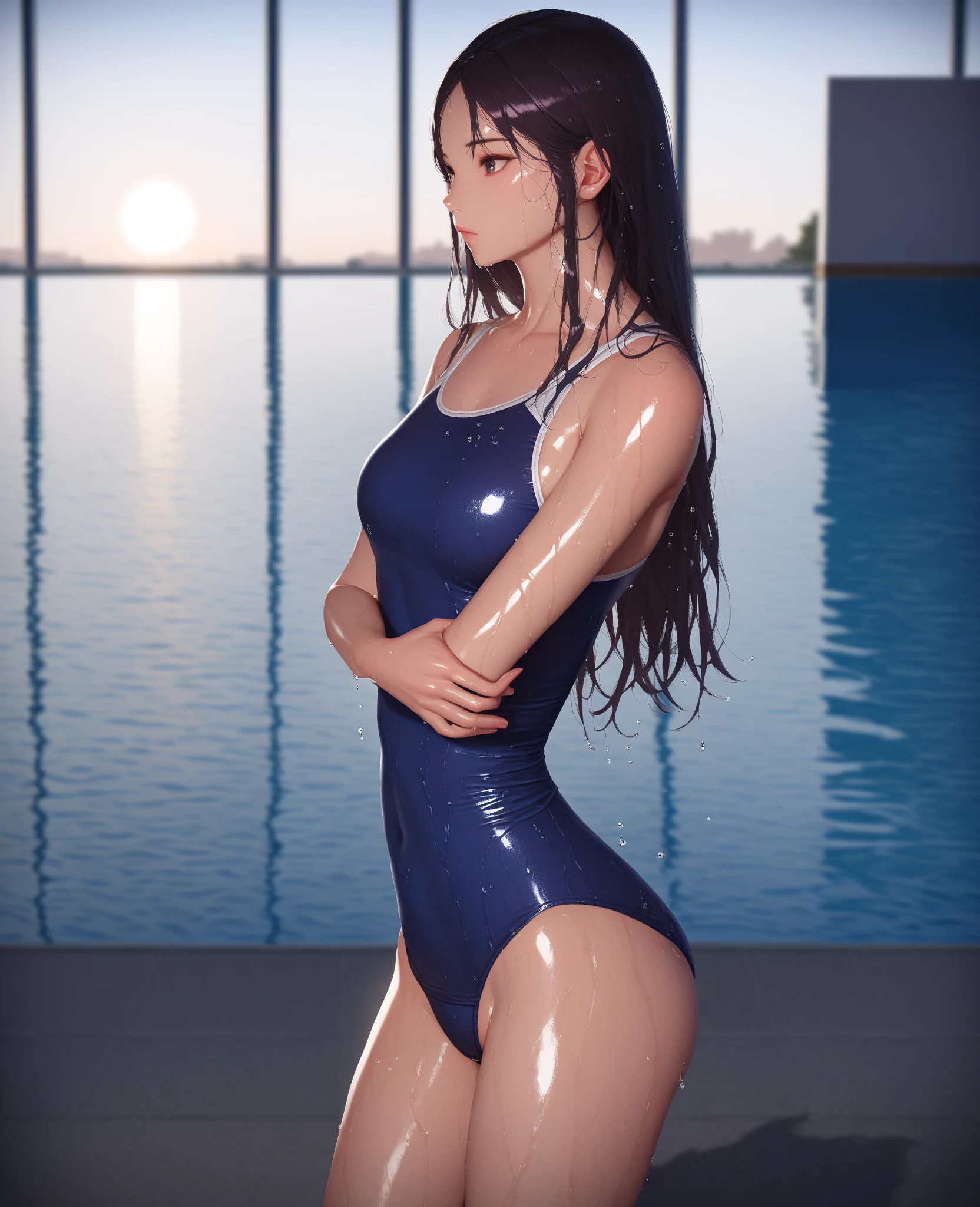 ((top-quality))、((masterpiece))、1girl in、Formal-up、beautiful detailed eyes and face、pretty skin、a very cute、22year old、School swim wear(darkblue、Simple design、Matte texture、Wrinkle、Polyester material、Nero、shadings、)Wet body、Anime Face、Beautie、Facing the front、big eye(Beautiful fece、Anime Face、Clear eyes、Fine details、Beautiful eyes)Well-formed face(Beautiful nasal muscles、Perplexed、sharp mouth)full of sweat、sodden、Wet feeling、Background with(sunny sky、takeout)、8K picture quality、perfectly proportions、A slender、red blush、female focus on, hair adornments,length hair, Look at viewers,