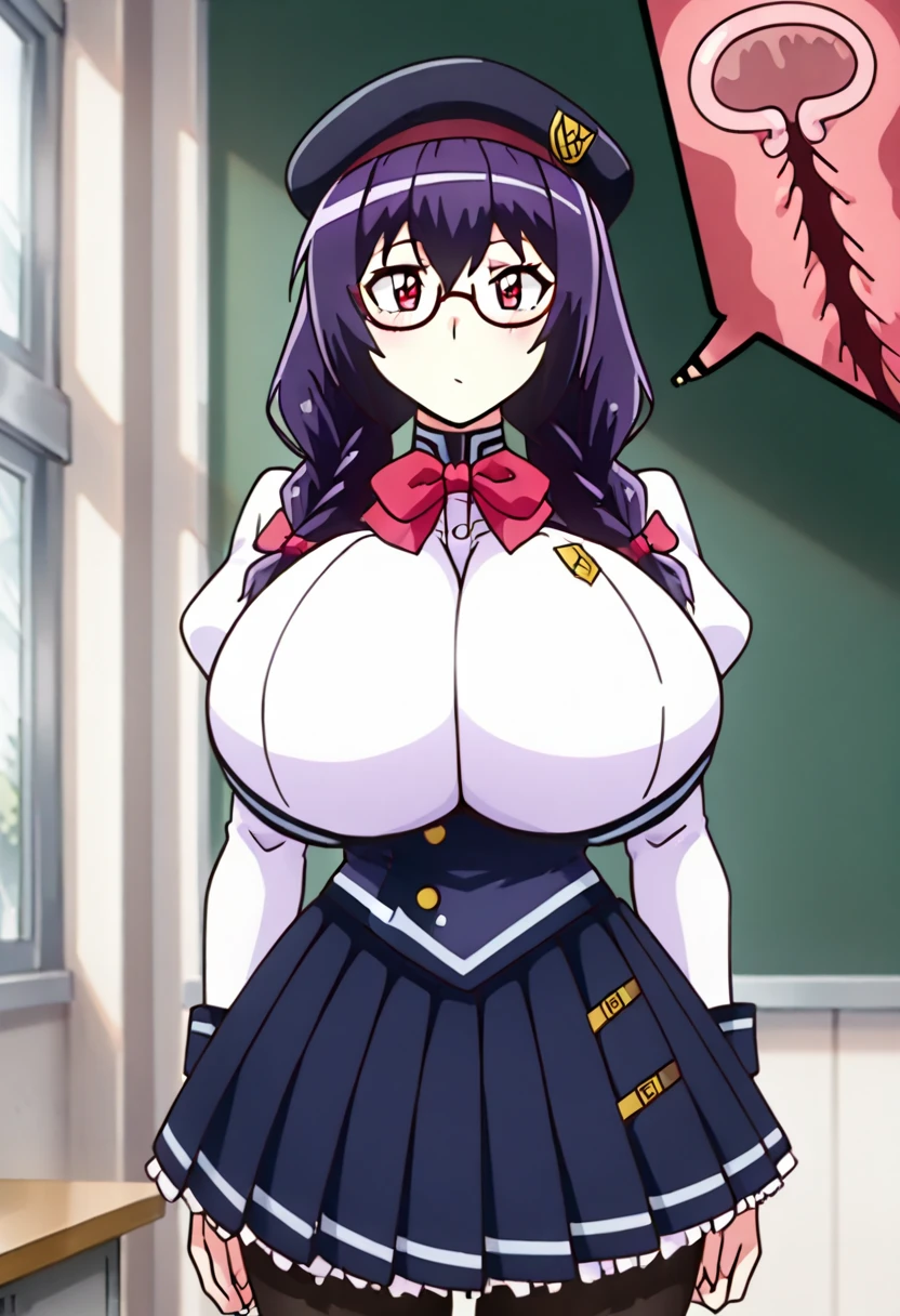 1girl,(huge breasts:1.3),( sagging breasts:1.4),purple hairs, red eyes, school uniforms, glasses, groin
