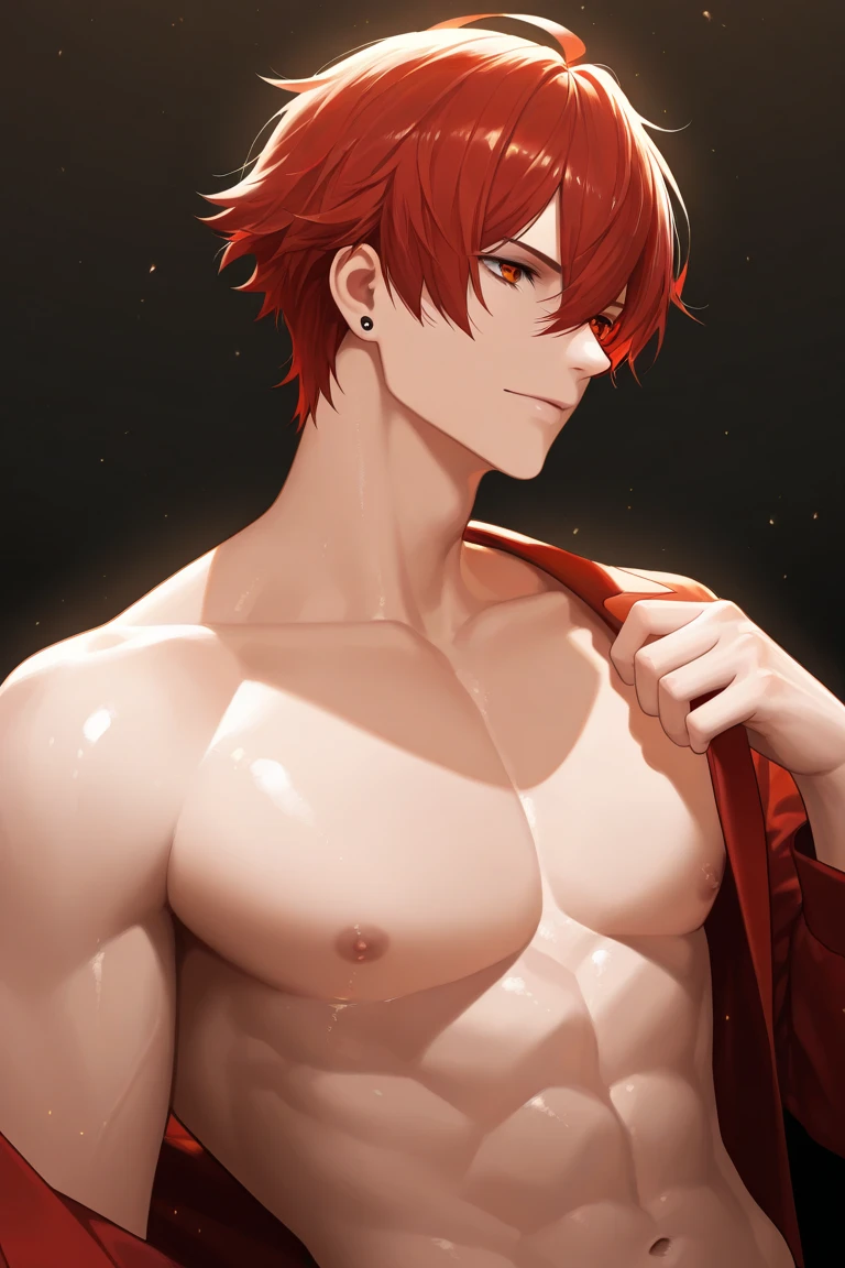 <lora:houk1se1_LORA:0.8>, 1boy, red hair,blue eyes, standing, abs, mature male, male focus, ponytail, (masterpiece:1.0), (best quality:1.0), (8k wallpaper:1.0), (beautiful detailed face:1.0), (detailed deep eyes), deep eyes, pectorals, stubble