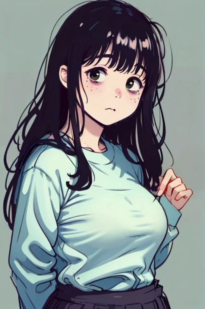 (best quality:0.8) perfect anime illustration, a pretty girl, with long black and wavy hair, freckles, pale skin, freckles e olhos azuis bem claros