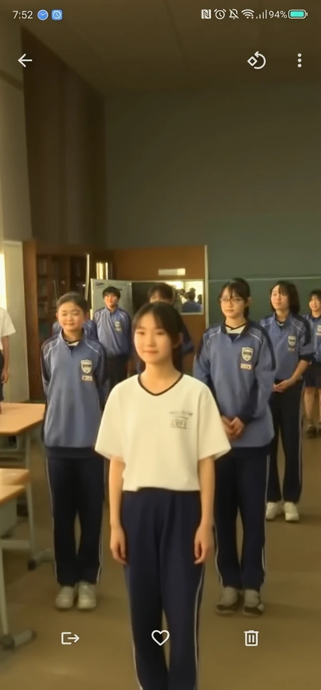Bangs hide eyebrows、Yellow Hairband、Hair to the shoulders、a junior high school student、a beauty girl、thin lipss、Smaller chest、White gym clothes、Black bloomers