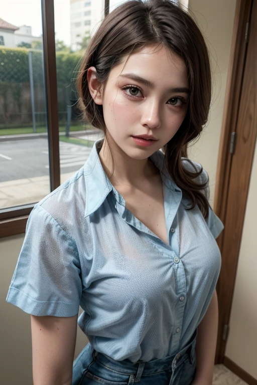 ((Best quality, 8k, 4k, hospital, sfw, Masterpiece :1.3)), 1girl, Pretty young mom with big belly :1.3, (Medium-short hair, ponytail hair, huge breasts, curvy body :1.2), sweaty :1.1, Ultra-detailed face, Detailed eyes, Double eyelid, palm skin, hyper pregnant, blue doctor uniform, (detailed tight doctor uniform, detailed skin, detailed face, high resolution, masterpiece, perfect lighting), bloom, cinematic lighting, perfect skin, female, looking at viewer, cowboy shot, (RSEEmma:1.5), (CWT, round eyeglass, thick eyebrows, parted bangs, freckles), angry face, cinematic shot, blurred background