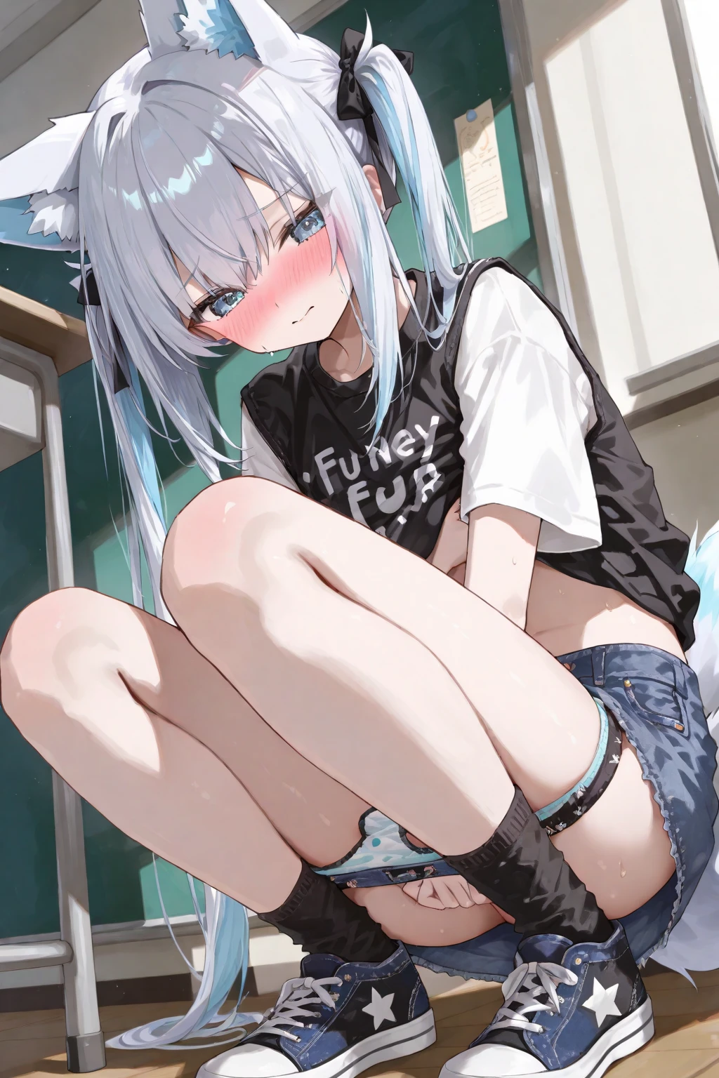 (best quarity,ultra detailed,ultra-high-resolution, absolutely resolution,8k, masterpiece),anime,(pale colors:1.8),long shot, 1girl, solo, fullbody, cat mouth, dynamic angle, grin, smile, fang, hard dancing, blue hair, bobcut, straight hair, racoon ears, racoon tail, (brown streaked hair:1.3), (blunt bangs) ,thick eyebrows, big breast, tanktop, sneakers, racoon tattoo, cutout, flower hair ornament, striped background, shadow,