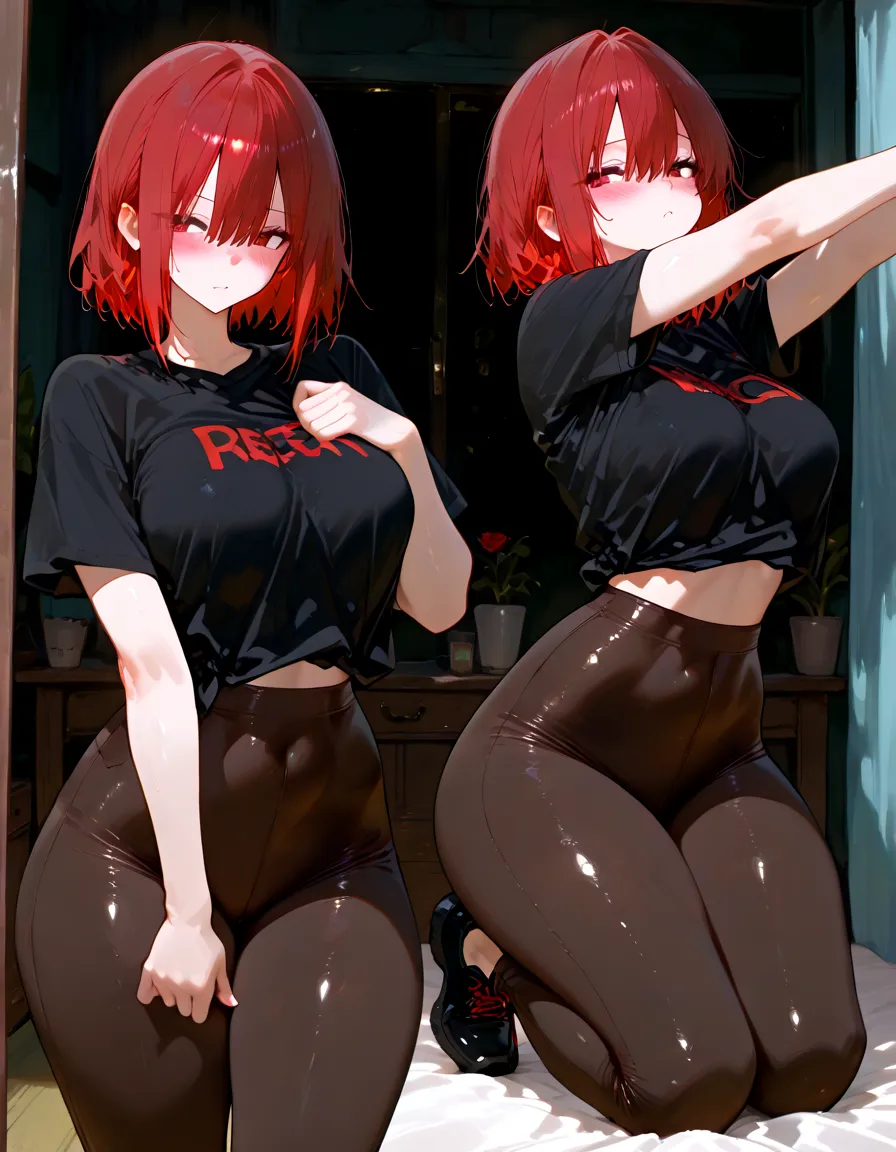 woman、bright red hair,short bob,Braiding hair,red eyes,Black long sleeves,Black shorts,