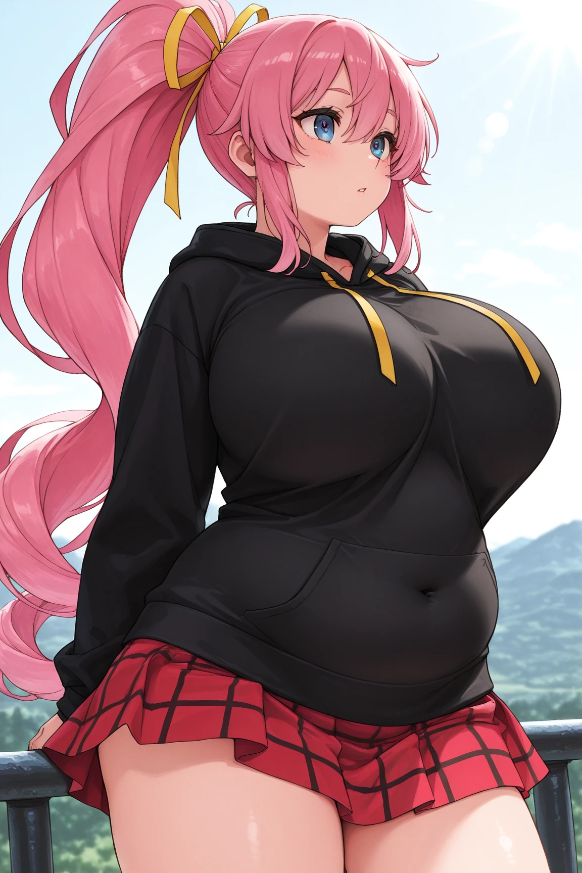 masterpiece, best quality, absurdres, very aesthetic, 1girl, (pink hair with black ribbons, long hair, detailed hair, cat ears, pink eyes:1.2), (casual wear, hoodie, sweatpants:1.2), (thin clothes, undersized clothes, taut clothes, clothes extremely stretched, extremely tight clothes, skindentation:1.3), outdoors, (curvy, slim waist, gigantic breasts, bottomheavy, gigantic thighs, extremely wide hips:1.1)