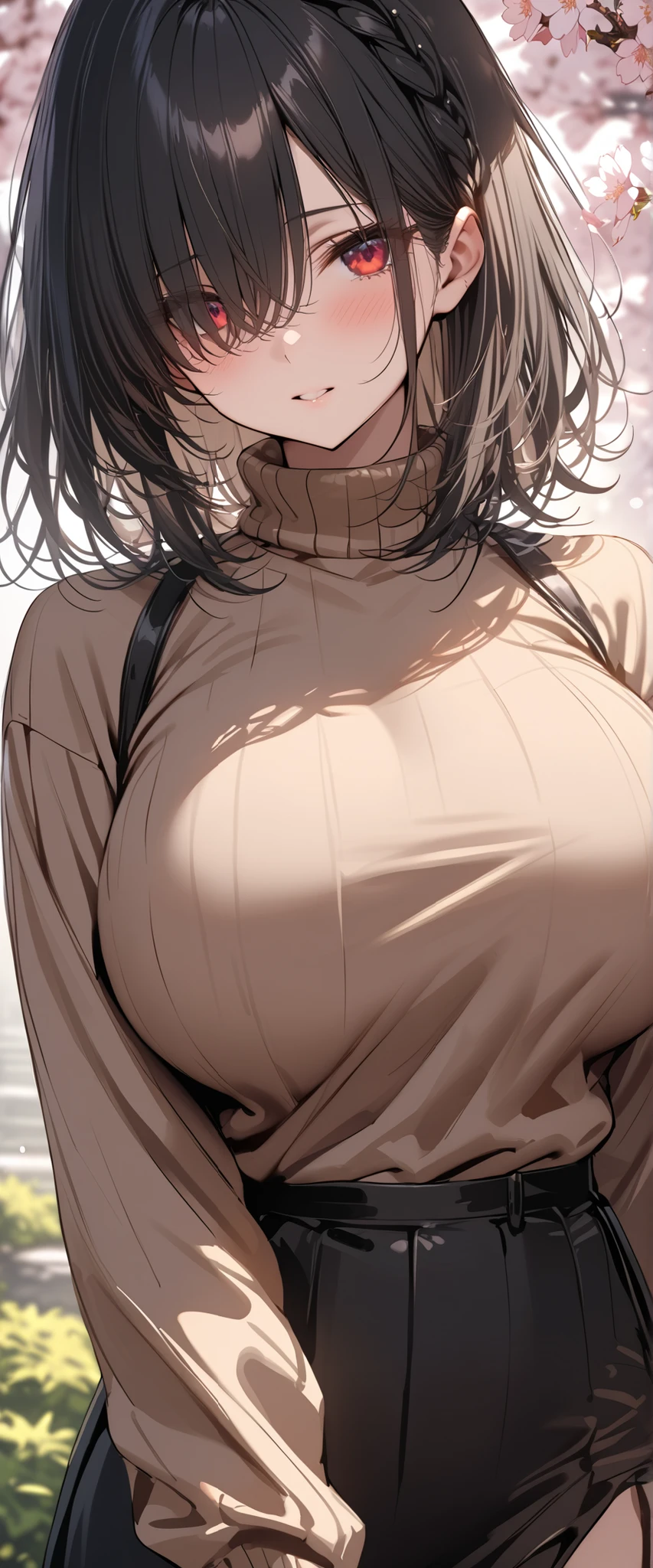 High resolution, high res, good anatomy, Anime cartoon girl with dark brown hair and Fluorescent yellow highlights, green eyes, Anime style portrait, in an anime style, in anime style, anime goth girl, neutral mouth expression, neutral face expression, (((((busty, massive breasts, wide hips, massive ass))))), (((single loose black long shirt, single small black mini skirt))), sitting up in bed, morning sunlight,