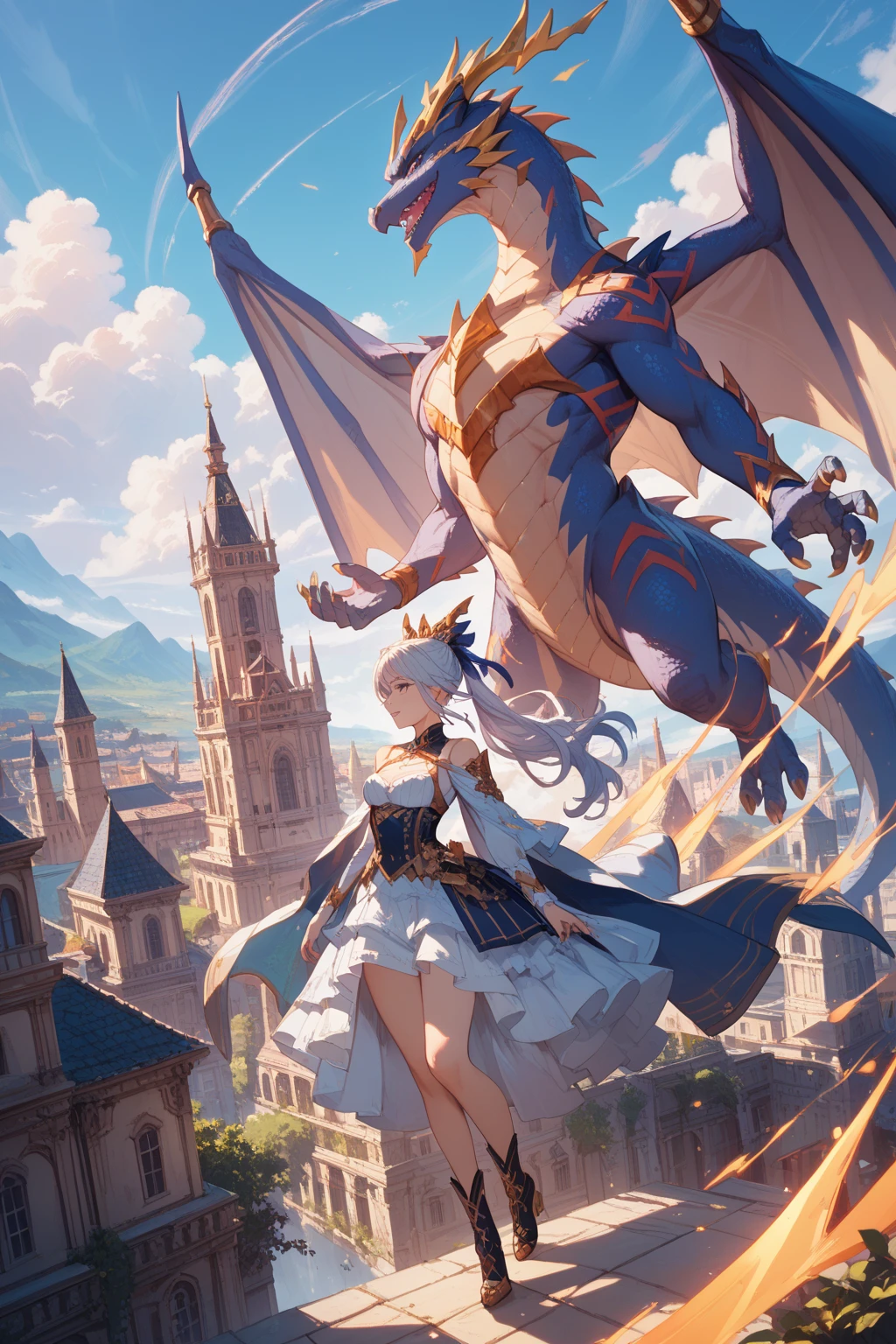 ((A giant dragon girl with wings and horns breathing fire from her mouth.)) medieval fantasy style ((Top view)) ((giant girl)) Burning and destroyed city ruins Rubble pile Giant Girl Dragon Wing Dragon Horn Metal armor Metal Shoes ((Long Spear)) Stretched nails beautiful girl Metropolis church Chapel