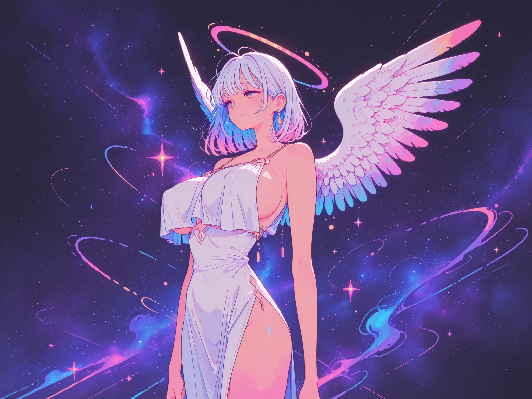 ((without wings,no wings, no feathers:1.3)) woman, perfect face , cute, huge breasts ,Abstract painting, colorful geometric patterns, Bold abstract strokes, vibrant splashes of color, Modern art, abstract forms and shapes, ((a beautiful angel without wings)), glowing aura, soft light, flowing white dress, ethereal atmosphere, peaceful expression, celestial background, covered nipples, a vast, endless universe, filled with countless stars and colorful nebulae, deep space, galaxies in the distance, mysterious and beautiful, cinematic style, ultra wide view, 8K resolution,((without wings,no wings, no feathers:1.3)), breast curtain