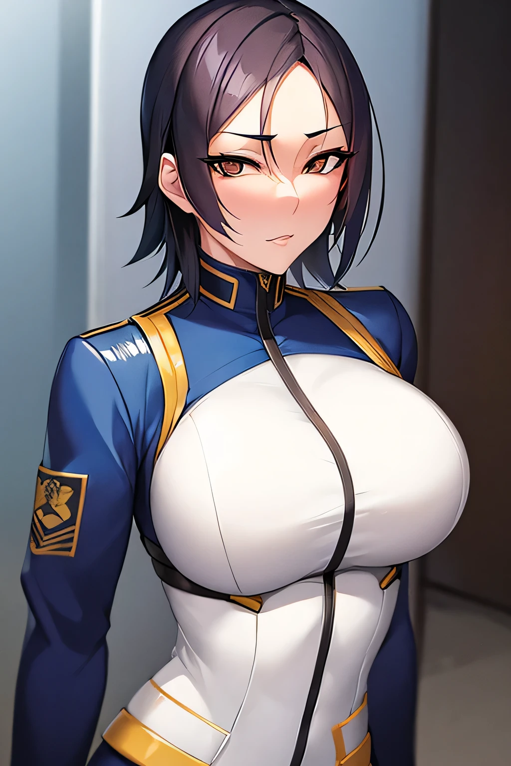 whole body,Military-style for girls, shiny navy hair,short hair, Parted bangs, Yellow Eyes, Large Breasts, Simple Background, Large Breasts, (Spread your legs),(rape,rape),Intense penetration sex,Creampie Sex,Captive of Pleasure,