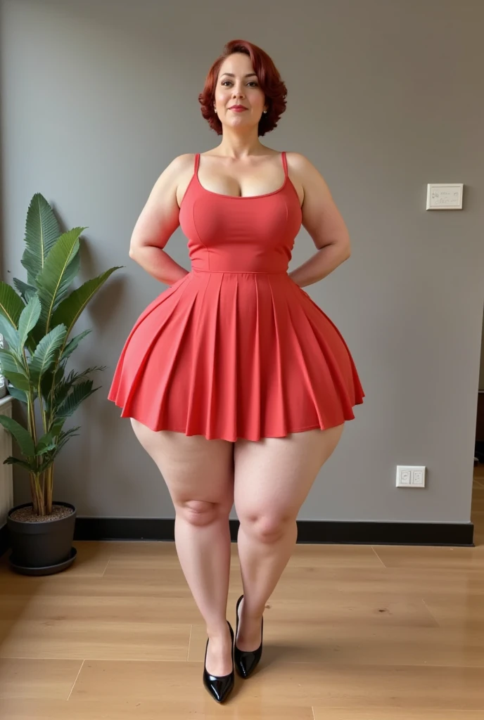 Italian young girl, short chocolate hair, red cutout casual flower dress with a belt and a necklace, pretty shoes. Big , NSFW, big ass, must be a beautiful woman, sexy