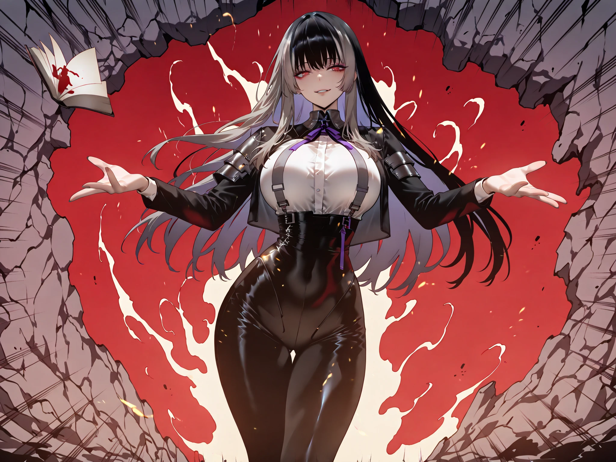 Ball of Light、雷magic、taken from the side、caveの中、Ruins、black suit、black longsuit、 black long jacket、ゴスロリなshirt、Depressed、Tall Woman、A woman in her thirties、 Alassah's woman、Steins;Gate、 black longsuit 、score_9, score_8_up, score_7_up, Source_anime,masterpiece、No expression、no makeup、top quality,Beautifully Detailed Eyes, Exquisite Eyes、A sophisticated eye、highly detailed eyes and faces,unmotivated expression、lethargic face、 long breasts, Black Jacketを羽織る、Black Jacket、shirt, big saggy breasts, shockingly big breasts, big breasts,big boobs、boobs 、Zitoida, makeup、no makeup、long hair、smooth straight hair、black slacks、tall woman、Tall Woman、plump thighs, parted lips、 shining eyes,(Fire Aura Onkown),dungeon内、Crimson Eyes、long hair、dark haired、黒い髪、long straight hair、dungeon、cave、Ruins、solo、soloプレイヤー、Wide ass、beautiful butt、stick your butt into the focus of your butt、long boots、Shoulder Armor、Fearless Laugh、strong、Is confident、suit pants、黒いlong pants、Black Skinny、long pants、Dynamic、Satu、fight、Satu狂、俺だけレベルupな件、arrogant、 Confidence々The smile 、bewitching smile、Sadist、Satu中、hunting、hunting、intimidating、magic使い、magic、Spell Book、magic、Spell Book、magicの本、Floating Book、floating book、Pearl of Light、Light Ball、 Floating Books、Flying Book、左手にmagicの玉、plasma、plasma球、Glowing sphere、Flying Book