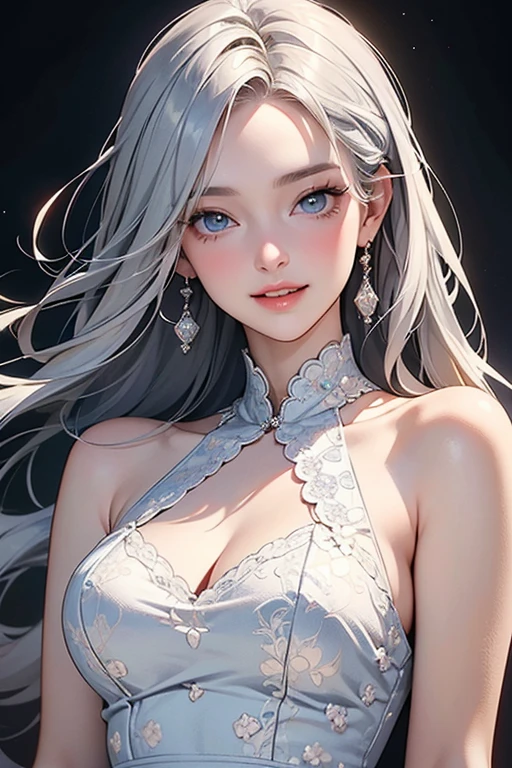 Nice girl、Ann、16 years old、double eyelid、Droopy eyes、Very big eyes、eye shadow、 Very detailed 、 Gentle expression 、smile、attractive appearance、、Thin lips ,beautiful long nose、Small nose tip(Highest quality real texture skin),Abysmal features,(Silver Hair:1.5),(Dramatic Photos:1.4),(Hair floating in the air:1.5),(Nice views),Spectacular realism,,(High-density image review:1.5),(Soft colors:1.2),Super detailed,Dramatic Light,(Intricate details:1.1),Complex background,8k、Actual photo、Ultra-high resolution, Master Parts, highest quality,、Very beautiful woman、long supple legs、 Very sharp shadows , jewelry , sexy , fine grain, extremely difficult, Glowing Skin , Perfect and wonderful Ann, Dramatic Shadows ,Gold tiara on the head、See-through white dress with gold embroidery