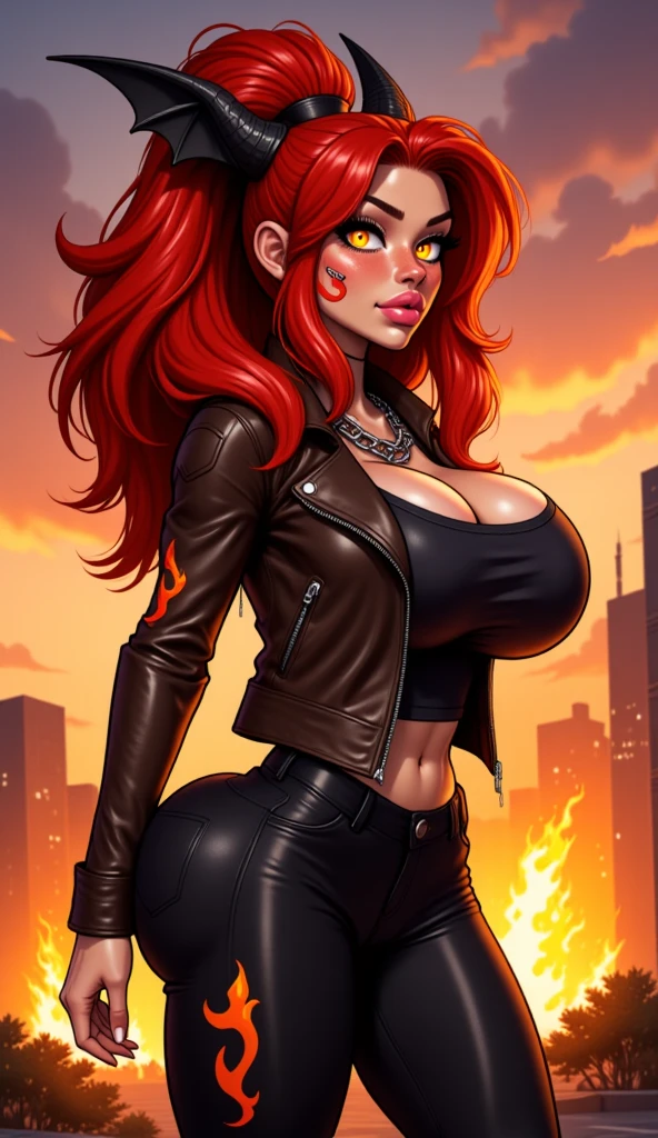 Beautiful Pin-up bimbo,  demon huntress,  (extremely Slim fit waist:1.5),  (big perfect exaggerated ass:1.3),  (exaggerated big breasts:1.8),  orange curly hair,  big lipps,  tight red top,  black mini skirt,  long boots,  strong face makeup,  terror house scenery,  greebles,  Chiaroscuro,  hyperrealistic art,  extremely high-resolution details,  photographic,  realism pushed to extreme,  fine texture,  incredibly lifelike,  full body shot,  side posing,  one leg over a skull