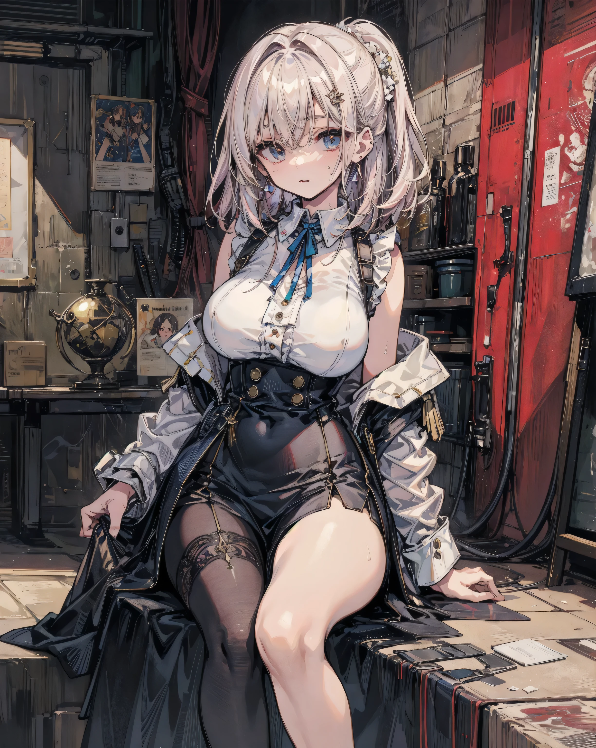 spread legs,, (masterpiece, best quality, ultra detailed sharp focus illustration:1.2), 1girl, breasts,  solo, blue eyes,  looking at viewer,  open mouth, grey hair, blush, twintails, navel, hairband, skirt, bangs,  bare shoulders, smile,  purple skirt, :d, detached sleeves,  frilled skirt, black wings, sidelocks, hair ornament, revealing clothes, thighhighs, cleavage, fang, garter straps, short hair, frills, sitting, tail ornament, bridal gauntlets, swimsuit, hand up, bikini, between legs, untied, medium breasts, nsfw,