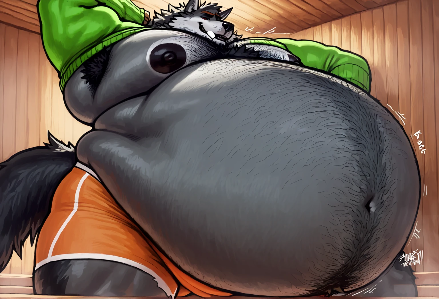 Anthro tiger or wolf or husky, chest hair, large, not muscular, overweight, chubby, fat, big belly, belly, bloated belly, bulging belly, (((vore))), digesting, bara, adult, aroused.  Wearing an open green bathrobe, ((hyper big penis)), huge testicles (duo)