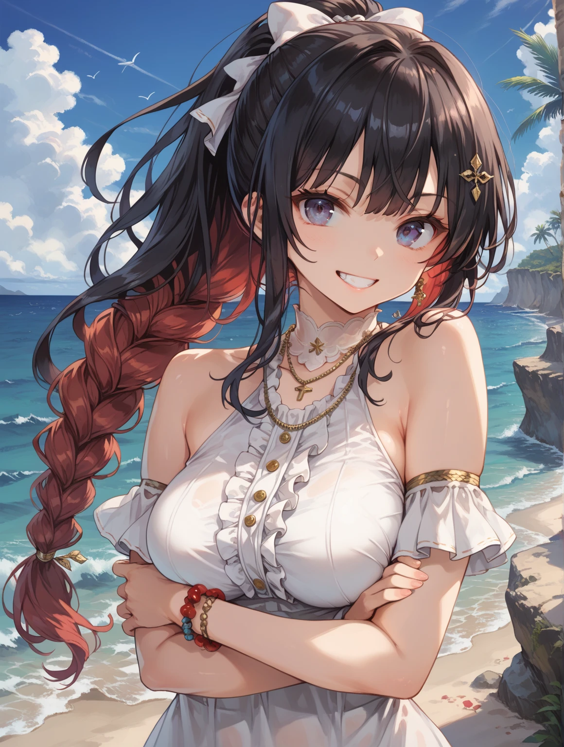 tmasterpiece, Best quality at best, A high resolution, amira, long whitr hair, Pin the bangs at the back of the head, Top knot, forehead, Collar, Bare shoulders, Chopping, red mini short , exercise well,the bow, Sleeveless, cow boy shot, Permanent, Outdoor activities, Riman, ssmile, the shy, A blushing smile,Show butt