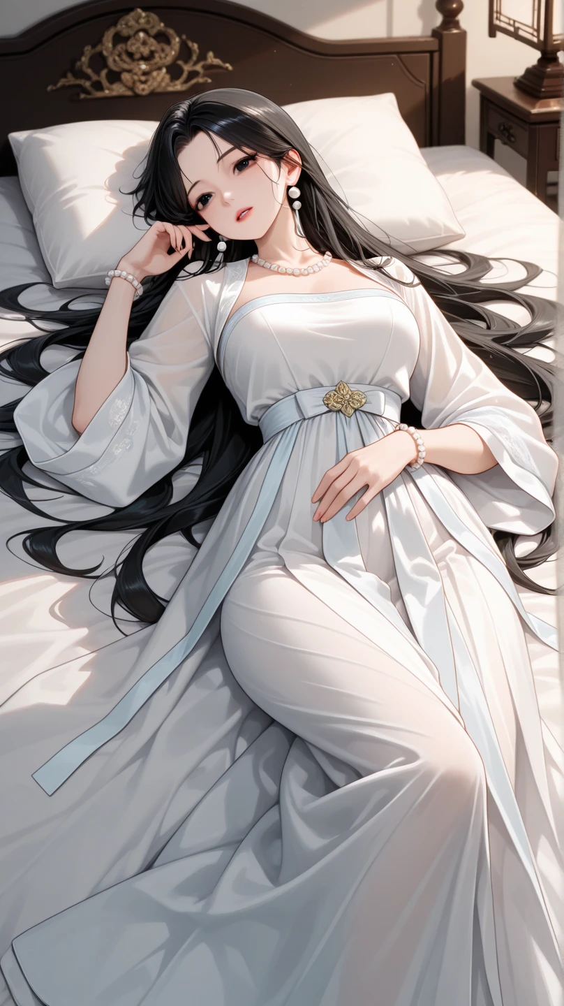 (best image quality、highest quality、highest resolution、ultra-realistic photography、full body photo、masterpiece、16ｋ、）one girl。Super super long black hair。Hair length is over 10 meters。the place is a bedroom。super ultra long hair。She is lying on the bed with her back turned to show her long hair.。naked。