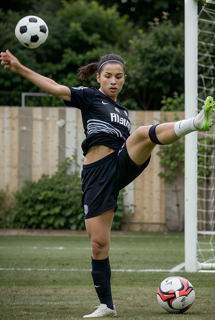 Female soccer player Aarav is kneeling on the field with a soccer ball., Portraitกลางช็อต, Middle picture, Emily Rajtkowski, Kylie. Mandel, Noel Stevenson, Sydney Hanson, Portrait, soccer ball and her feet, Wear a volleyball shirt., Brooke Ashling, Julia Sardinian, Jenna Barton, close up Portrait, in the background