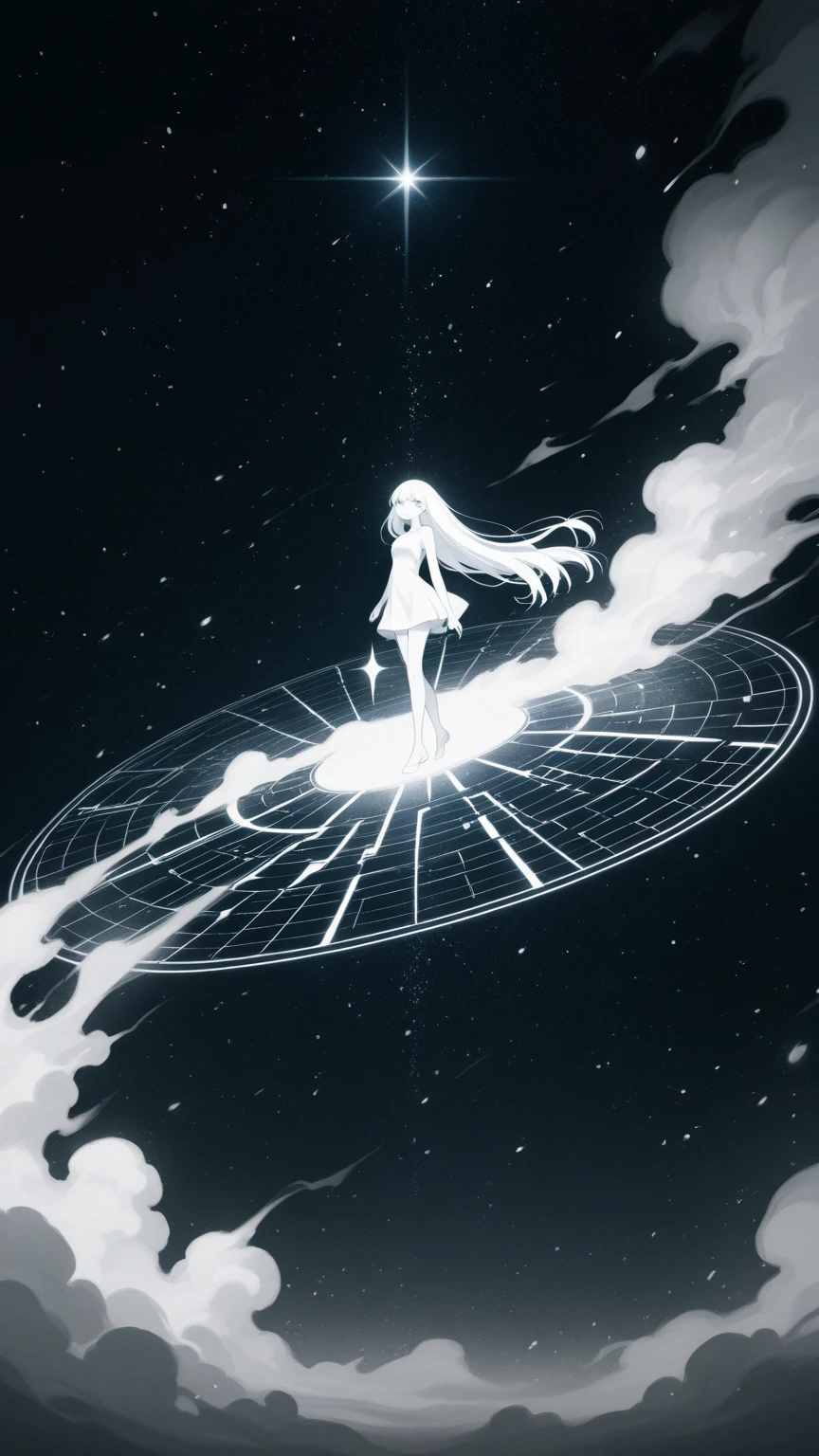 Very skinny thin tall beautiful girl floating in the expanses of space in the galaxy. full-length naked. silver hair