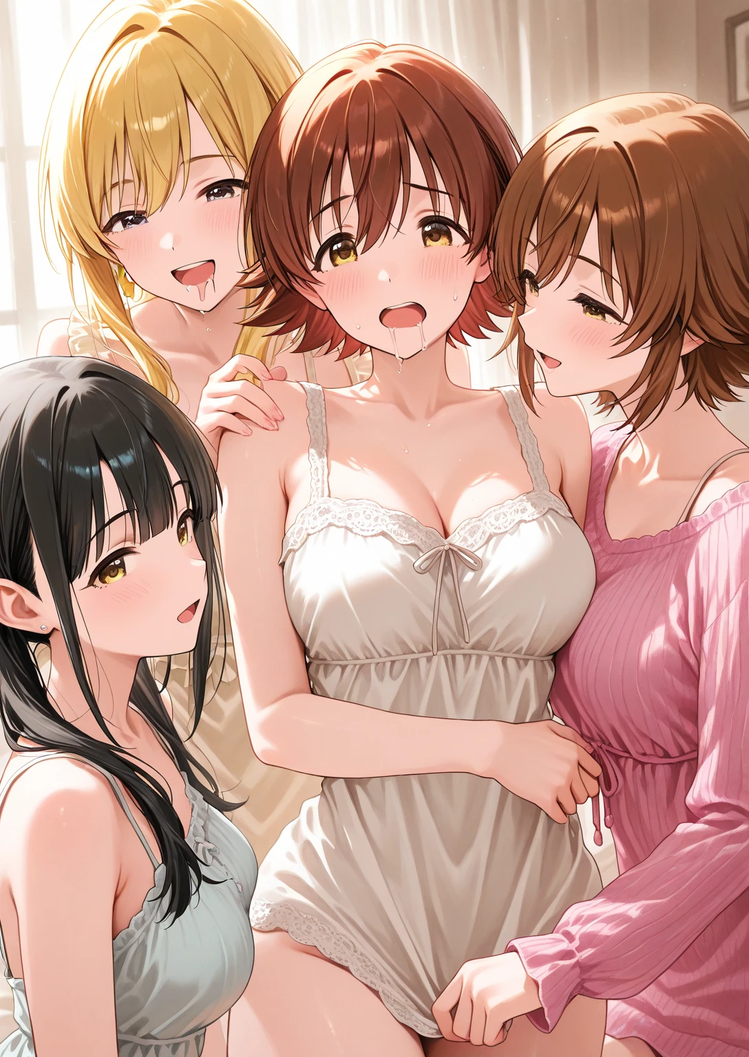 (((High resolution, Highest quality, super high quality, ((Highly detailed face))、Brown hair short cut、((((4Group photo of 40-year-old mothers with saggy breasts giving handjobs、Clear housewife naked)、((blush、I love dicks))、Squirting Splash、)))