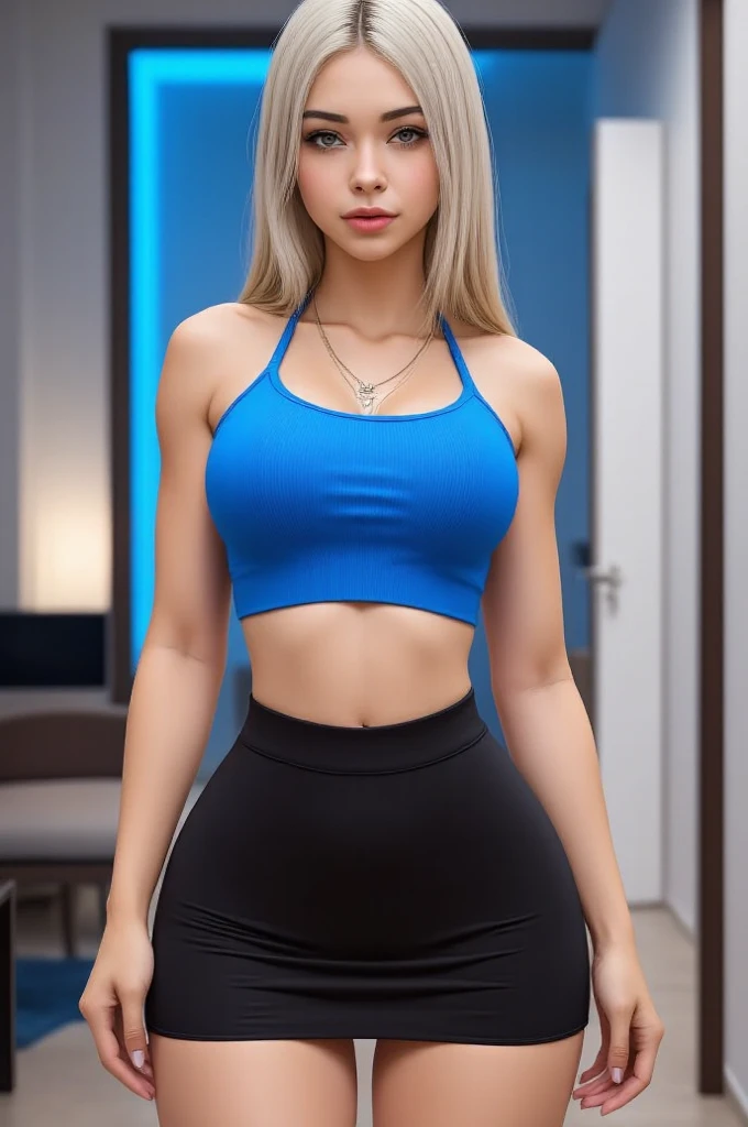 Extremely realisitic blonde Russian girl with blonde hair and blue eyes, wearing a blue crop top, fully body, beautiful succubus looking at the camera, grey-eyed, ((derevschikova)), beautiful seductress , perfect nose, ultra beautiful, with her long, perfect, beautiful, realisitic , beautiful epic, 8k, Fuji XT3, uncut, premium open city”