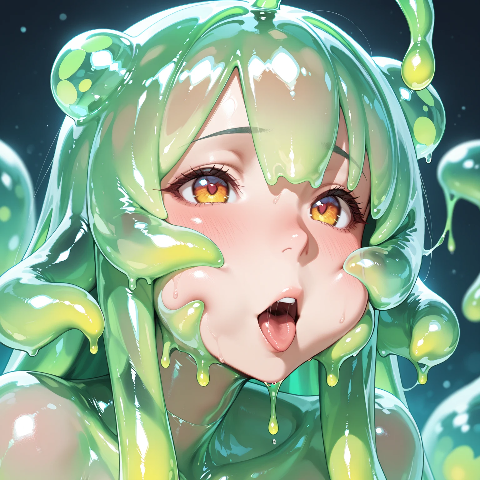 (slime girl:1.4) (using a school jersey jacket), blue transparent skin, (melting:1.2), (flat chest:1.3), messy room background, (using a black bdsm micro bikini), (long:1.2) (multicolored hair), wet skin, close up, natural lighting, liquid hair, (rainbow hair:1.2), (splatoon)

[watercolor:realistic:0.7], intricate detail, ((portrait)), detailed hair, cinematic shot, photo referenced, highest quality, high quality, (detailed face and eyes:1.4),