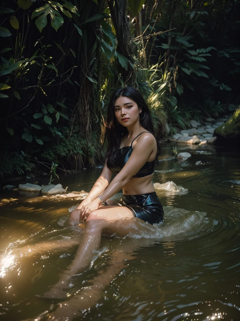 21yo girl, black hair, (bun hair). Wearing a black balinese kebaya, showing shoulders, cleavage, showing big thighs, natural big breasts, sitting in a waterfall.,