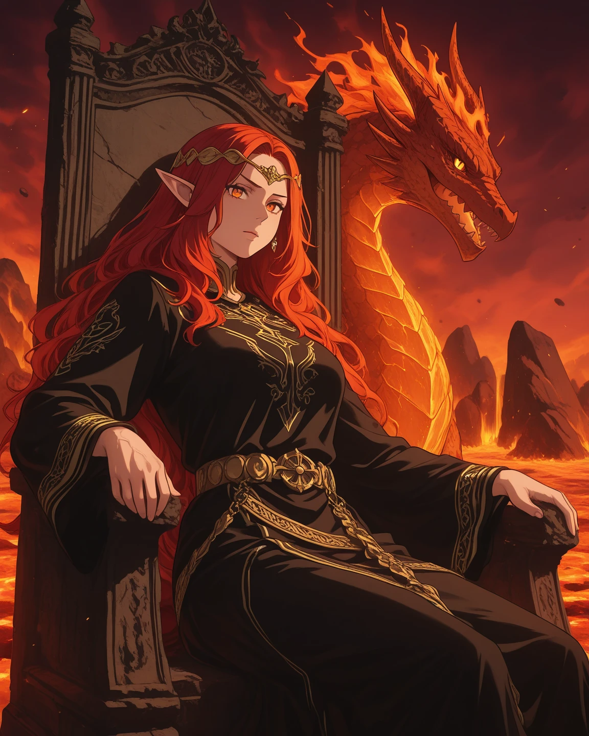 ((Sitting on a large throne)), ((Dragon tribe)), (Dragon King), (Red hair), ((Hair burning in flames))((Empress)))