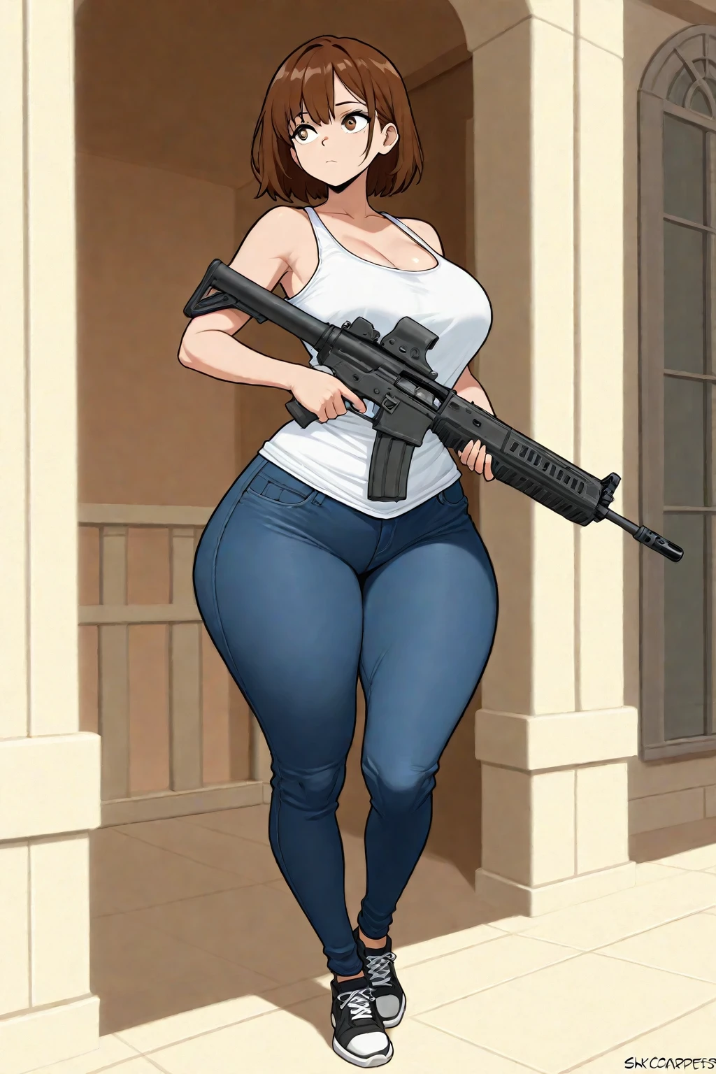 There is a sexy chubby woman holding a sniper and her 1 foot is in the object then the gun is in her lap and she is standing make it animated