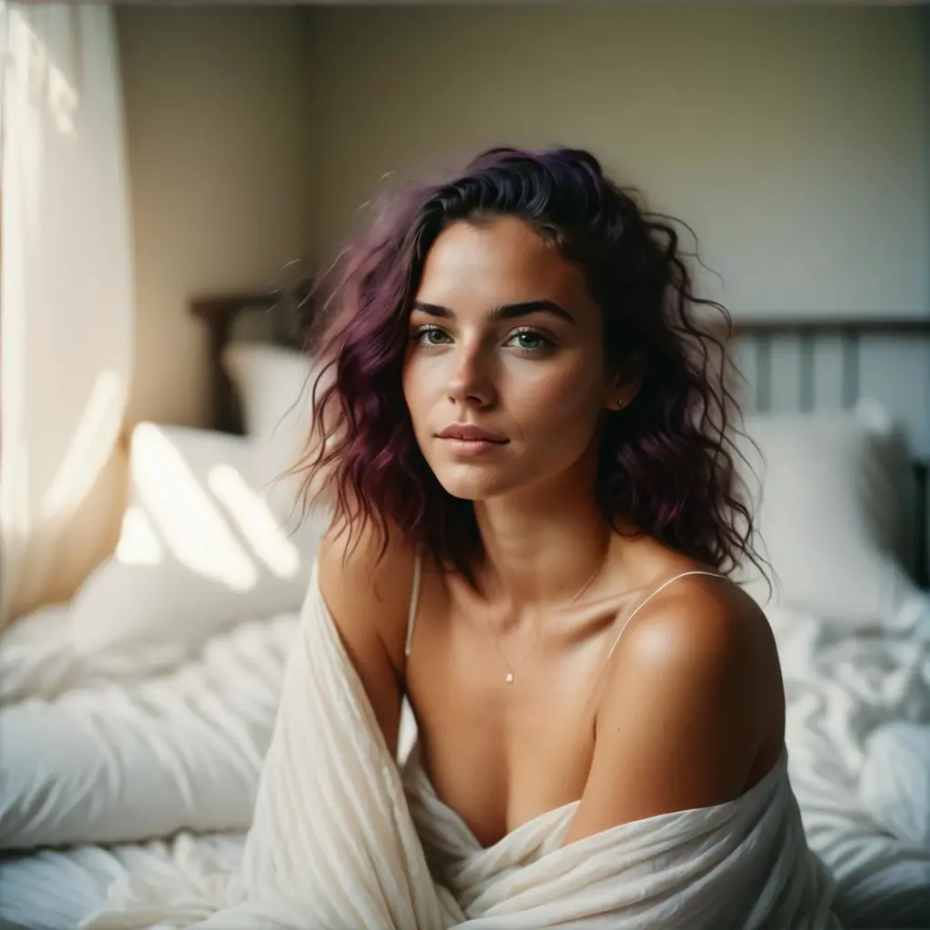 photo, woman, highly detailed, medium shot, 35mm, RAW, photoshoot, grit, texture, perky, (bleached, faded, cross processing, film grain, filmic:1.2), (freckles:0.8), lightly tanned skin, (LUT:1.2), cinematic, view of a strikingly beautiful 20 year old European woman (sitting on floor:1.2) in a cluttered bedroom, (holding a single flower:1.2), cascade of (vivid dyed cabernet hair:1.2), messy updo hairstyle, relaxed, under lit, in oversized bed sheet, bare shoulders, rainbow style, (highlight in bright eyes:1.2) kodak ektachrome kodak, pale skin, film overlay filter