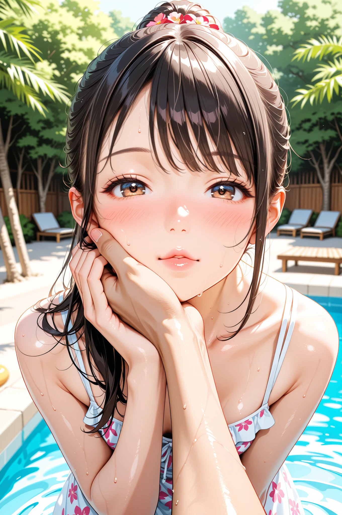 Delicate body、(highest quality high detail Rich skin details)、(highest quality、8k、Oil paint:1.2)、(Realistic、Realistic:1.37)、ncorporates a blend of watercolor and digital illustration techniques,one girl, (beautiful girl, delicate girl:1.3), (15 years old:1.3),pink nipple,Full Body Shot,(nude:1.5), break, (pool:1.3), break, very fine eyes, (symmetrical eyes:1.3), break, small breasts, brown eyes, parted bangs, brown hair, (upper teeth, best smile:0.2), break, (Eye and face details:1.0), break, (masterpiece, highest quality, super detailed, detailed face, 8K),pussy