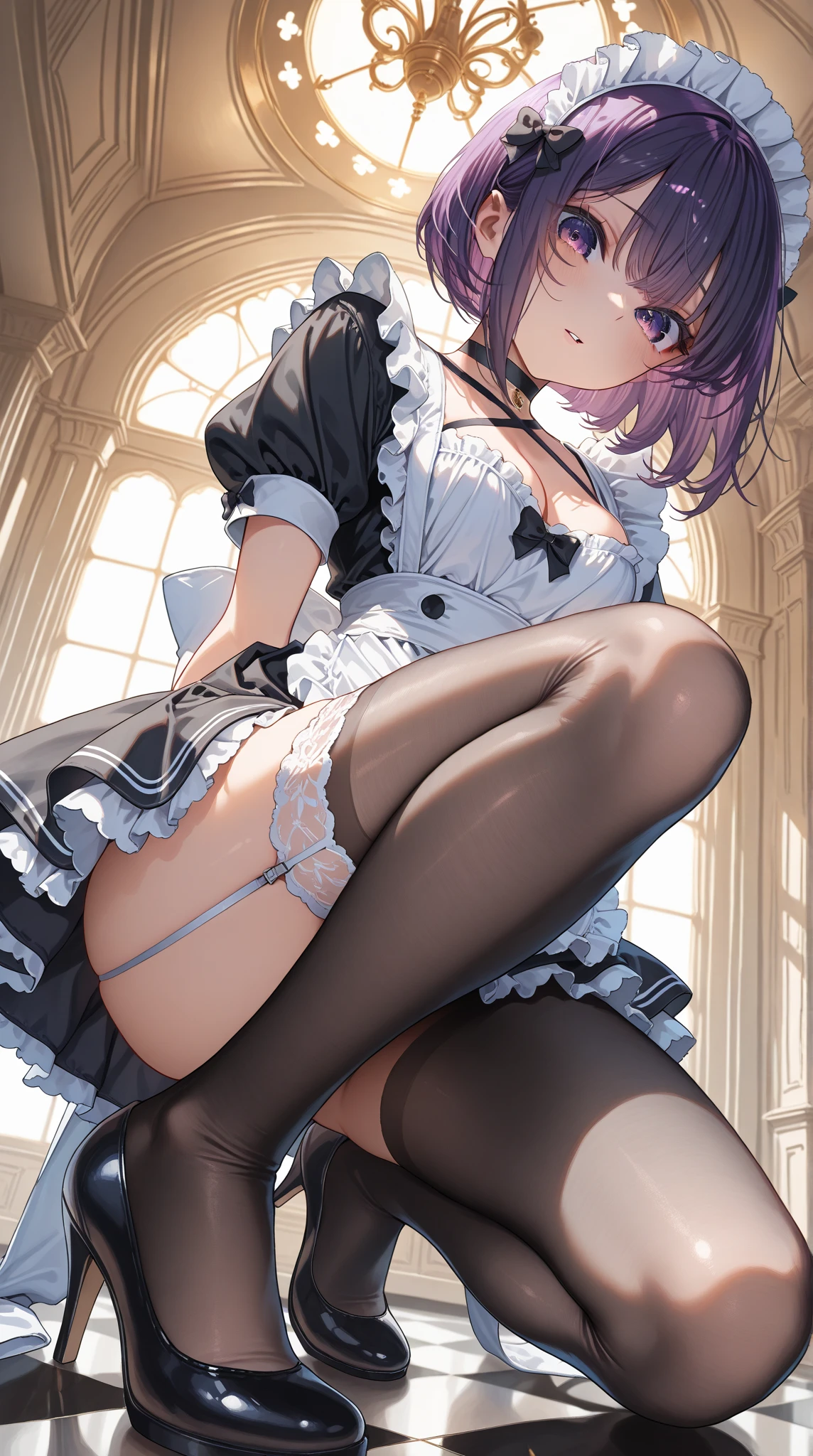A woman in a gothic lolita dress is standing on the floor, alone, panties, underwear, skirt, (shiny dark purple satin panties:1.3)、panties that cover the butt、garter belt, liar, Knee socks, skirt lift, Looking Back, Realistic,Cute Anime Girl,Ideal Style,Leg spread,Focus on the butt,Get on all fours,Best image quality,Turn around with a serious face,Long silver pigtails,See-through lace fabric,(Butt crack:1.4) , (hand in panties:1.3) , Embarrassed expression