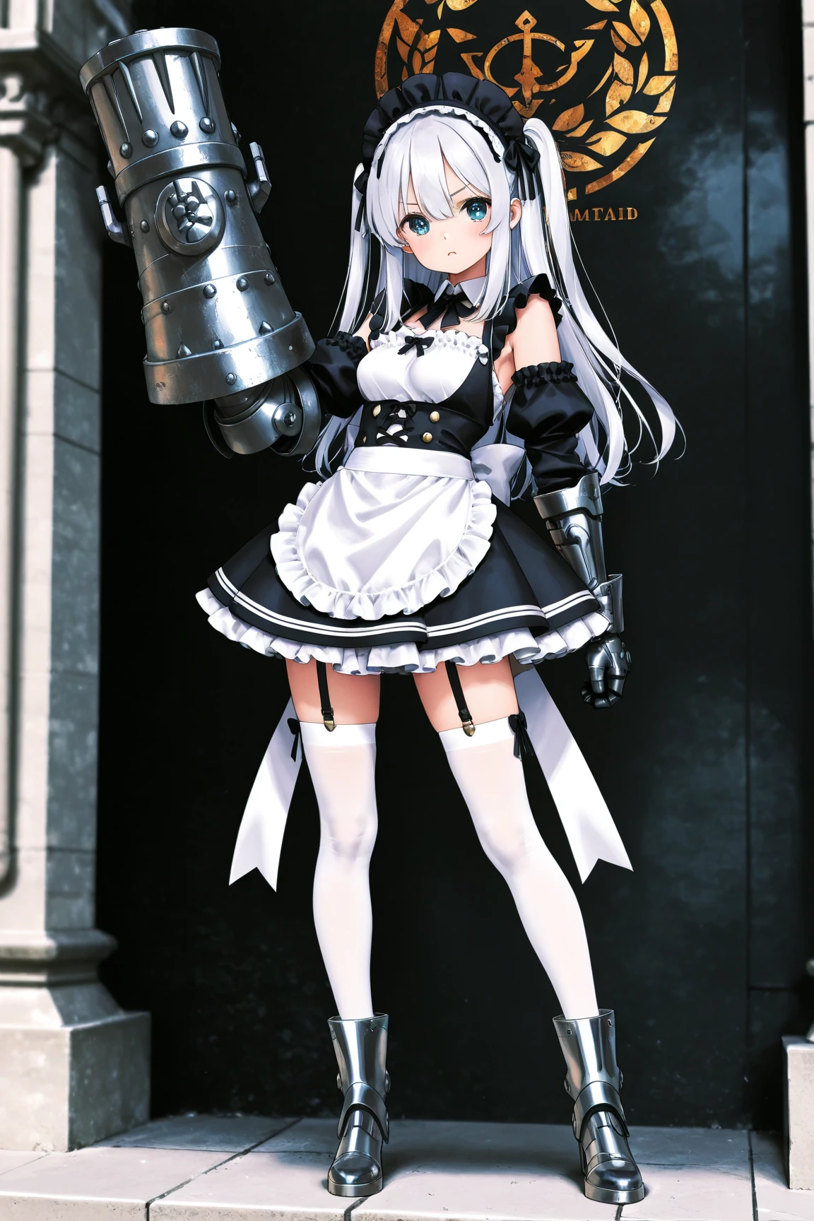(8k, Realistic, RAW Photos, Highest quality: 1.3), (Fox Girl, Fox Ears, Fox Makeup, One Girl, Long Hair, Alone on the screen, dark skin, High definition, high resolution:1.6), とてもbeautiful, (Realistic Face), (boyish, Silver color very long hair), (maid apron, Black and white clothes, skirt, mecha musume, Machinery Parts,Robot Joints, Only the legs are mechanical suit:1.6), (Body measurements are 75-60-75!, Young girl body, Small breasts, skirt hold, slender, muscle:1.9), A brilliance that captivates the viewer, beautiful expression, beautiful breasts, (Realistic Skin), beautiful..., bent over