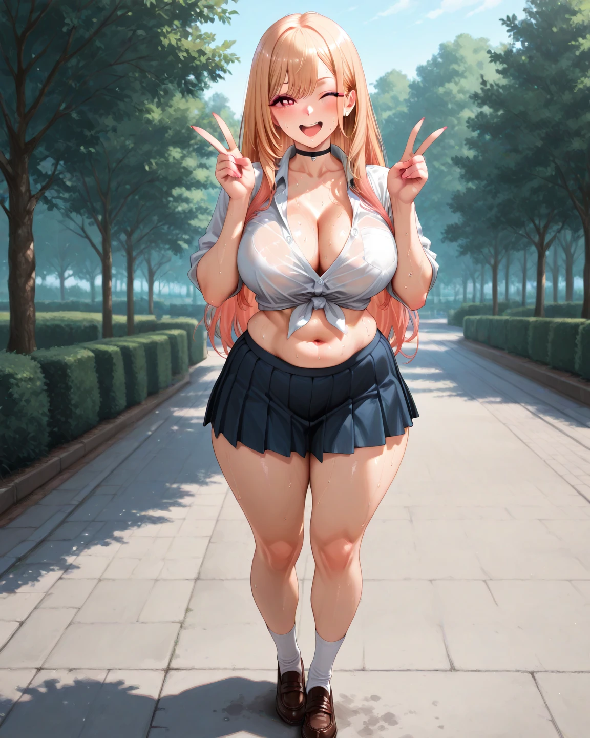(masterpiece, best quality:1.3), SuperBusty, 1girl, solo, looking at viewer, blushing, wide hips, mature female, closed mouth, seductive smile, large breasts, full body, cowboy shot, thick thighs, sugisakiemma, blonde hair, long hair, bangs, twintails, pink hair, brown eyes, cleavage, dark skin, earrings, gyaru, school uniform, wrist scrunchie, skirt <lora:SugisakiEmma:.8> <lora:SuperBusty Style Lora:.85>