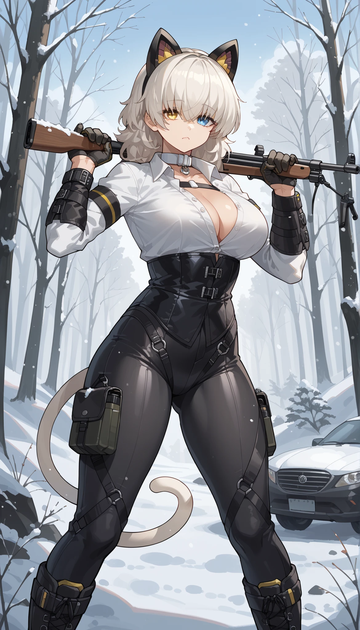 green solid background, 1 woman, best quality, ultra high res, long hair, full lips, white hair, red eyes, military jumpsuit, dog-tag necklace, smiling at viewers, wearing black gloves, wearing black combat boots, double D breast, standing, full body