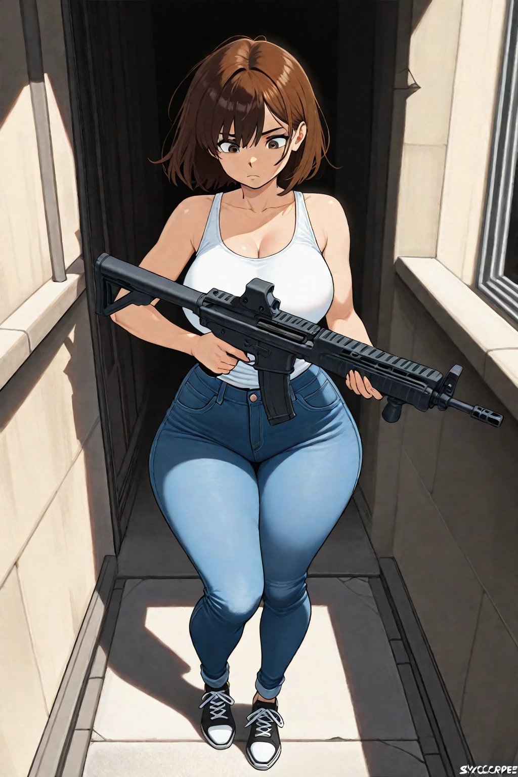 arafed woman in black underwear holding a gun in her hand, view from the back, back pose, tight black tank top and shorts, shapely derriere, seen from the back, long shot from back, long shot from the back, backview, shot from the back, wearing a black bodysuit, back - view, 2 4 year old female model