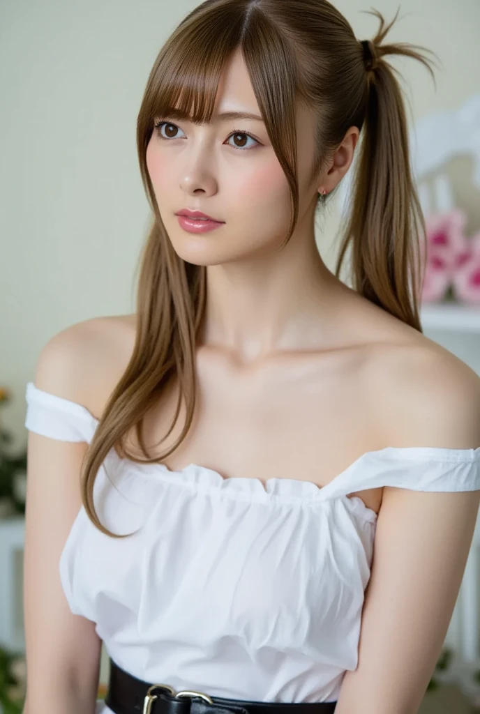 ((highest quality:1.2, 8k, Sharp focus, masterpiece: 1.2, Natural light, Highly detailed CG, beautiful girl:1.2, 　With a small face:1.1、walk、reality, Detailed facial textures, Realistic skin Pale skin, 　Beautiful Makeup, Octane Rendering, growing up, fine bangs)), (Written boundary depth),　( With a smile:1.2　), , Cowboy Shot,Brown long hair, ( 　Pink blouse and　small necklace、Large Bust　Cleavage　) 、Nice body line、　( Western style old gray brick wall　Cobblestone walkway、Gentle slope、A hill that continues into the distance、  Hydrangea　Wall and　Blooming along the aisles:1.2、Lots of flowers　)、A dark shadow in the passage、　Distant blurred background, 　Depth of written boundary:1.4、and wind,　 From the side、Averted gaze、Captivate what you see　beauty、