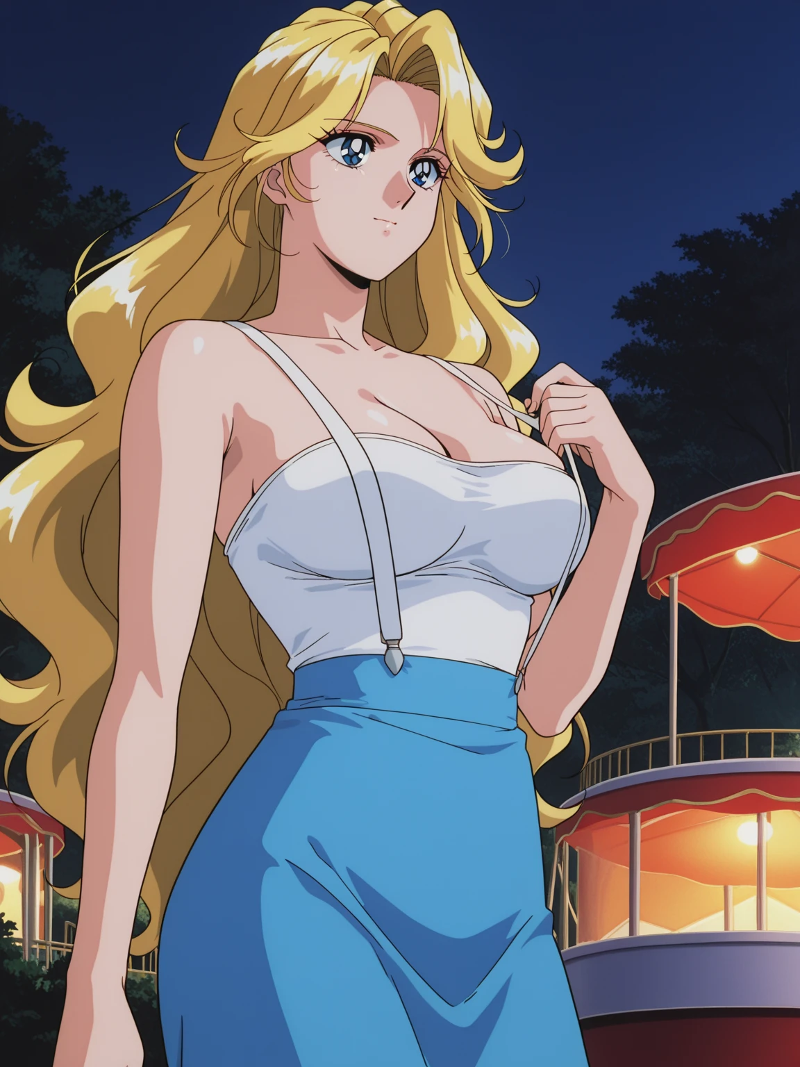 girl, Flowing golden blonde hair, Yellow Eyes, Golden Imperial Costume, Neckline, anime, In the background is a clear sky with sparkling lights, Dynamic Angle, Arrogant Laugh