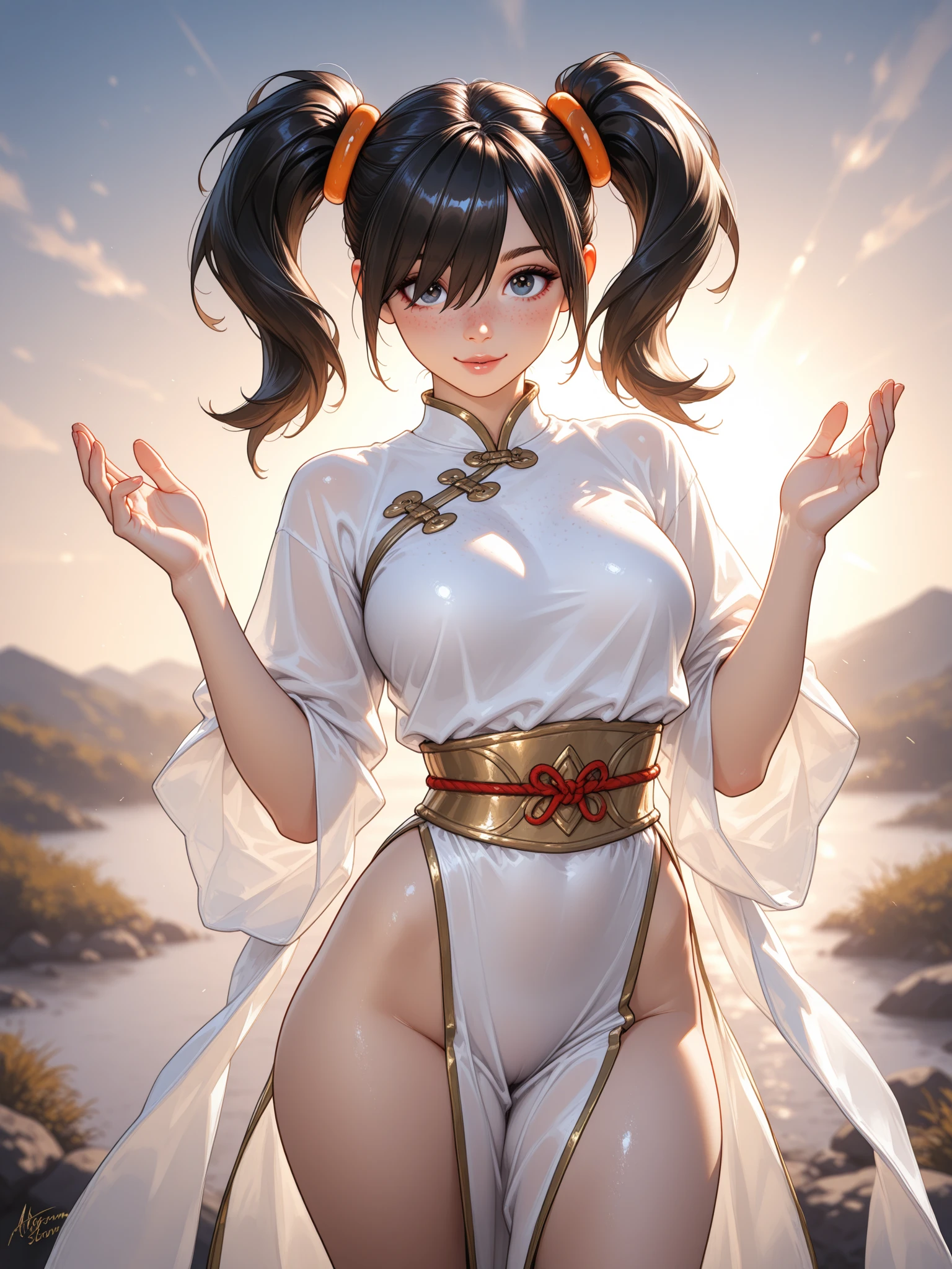 Kpop idol: 1.2, mix4, 1 Korean girl, 14 years old, (light eyebrows: 1.4), shiny brown eyes, bun head, tied two braids, ancient city, Chinese temple, high mountain, beautiful detail sky, street (crowd:1.2), night, (nose blush), hanfu, happy, smile, cleavage showing her nipples, her crotch , vagina visible 