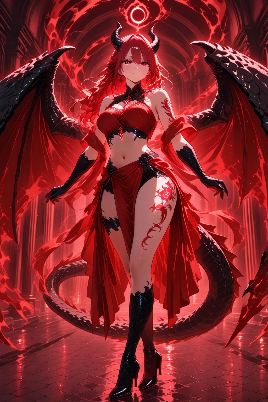 long red hair, goddess，Abdominal muscles，cleavage，red dragon horn,red dragon wings,The body has red dragon scales,thigh,thong,，stand，Volcanic lava