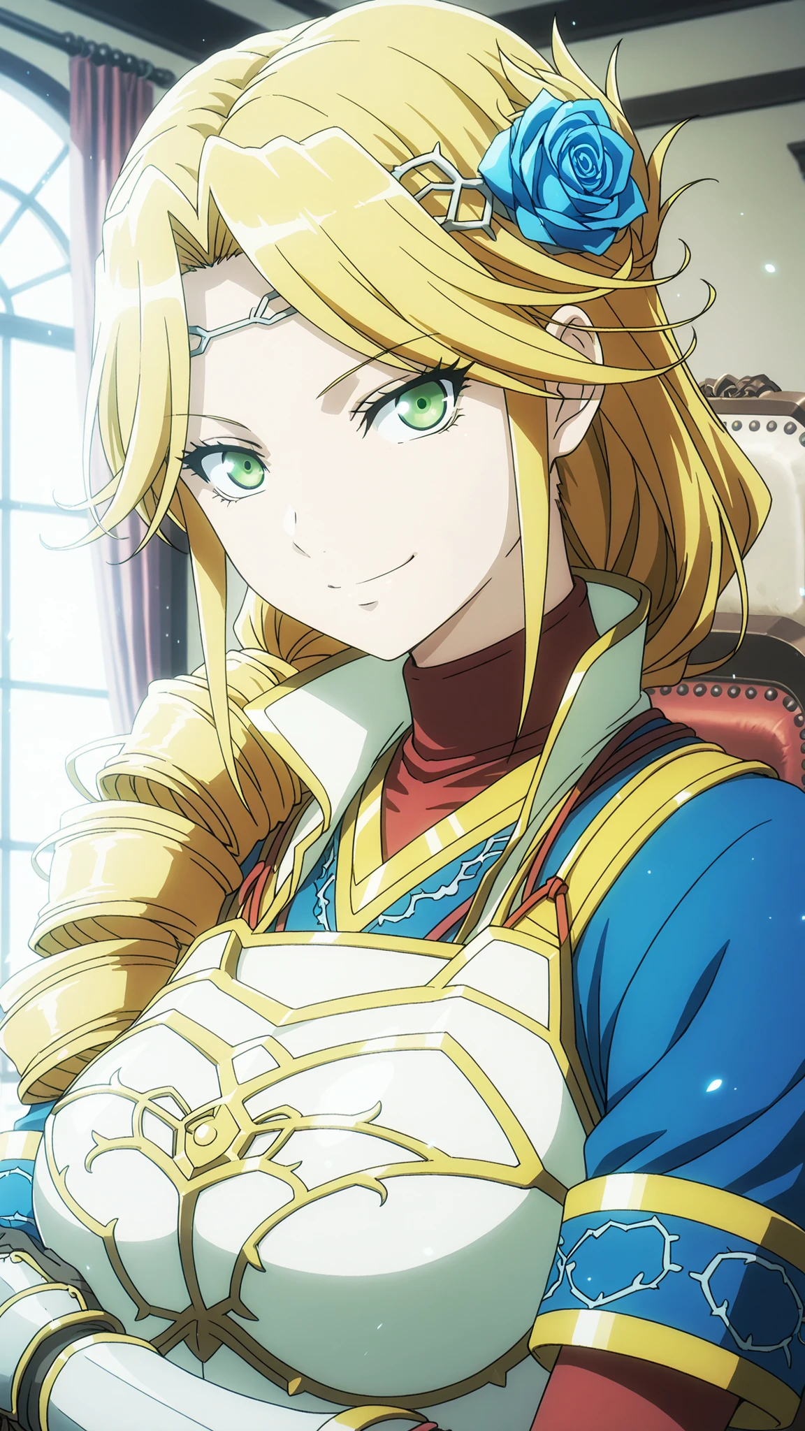 lakyus alvein dale aindra, overlord \(maruyama\)
High quality ,  best quality , masterpiece,  High Resolution , detailed face( LoRA: lakyus),anatomically correct, detailed hair(LoRA: lakyus) , anime Coloring
solo, 1 girl,human
blonde hair, green eyes, braid, blue Rose, hair Rose, hair ornament, long hair, drill hair, ponytail, hair flower,
armor, gloves, red , blue dress, breastplate, gauntlets,,
looking at viewer ,close up,
Japanese-style room,
,,  smile,

