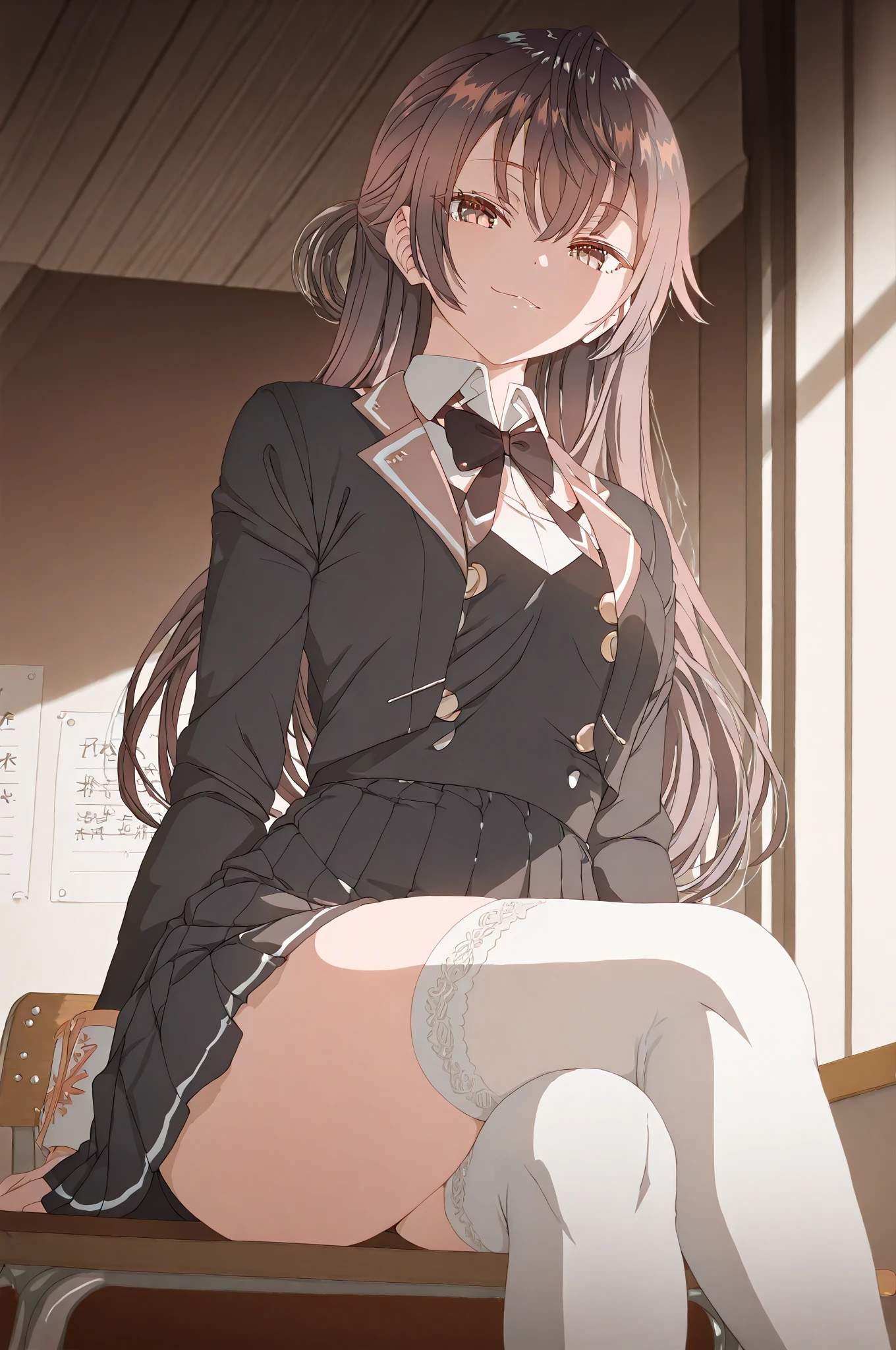 ((Masterpiece, highest quality)), (MAX resolution, distinct_image), Perfect Anatomy, 1 girl, Bangs, (Black hair:1.2), (Long straight hair:1.2), Embarrassing, drooling, (school uniform), dark grey blazer, pleated skirt, (Skirt lift:1.5), lifted by self, show off panties, Panty shot, ((see through white panties)), classroom, (night:1.1),(dark background:1.2),