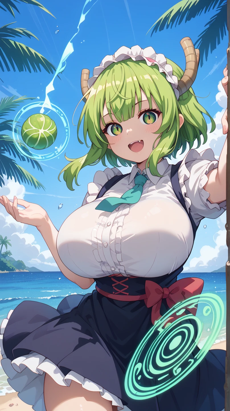 1girl, green hair, very short hair, yellow eyes, huge breasts, breasts, thick thighs, mature female,, smile, smirk, smug, cow print, bikini, highleg, highleg bikini, forest, bare legs, horns, bell, cow ears, ((cow print)), pixie cut