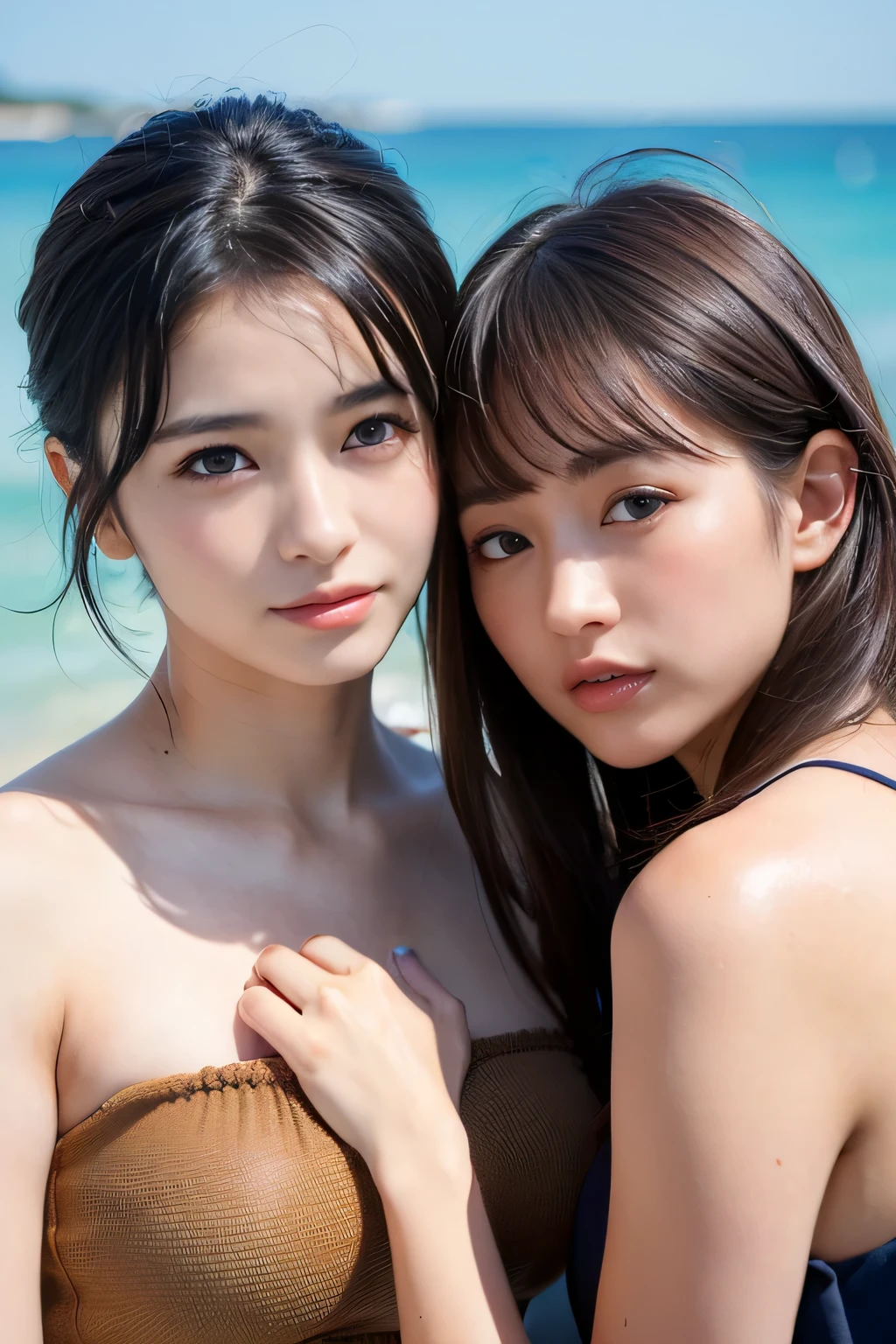 (8k, Best Quality, Masterpiece:1.2),(hair_style) ,(Realistic, Photorealistic:1.37), Best Quality, Masterpiece, Shot on a wooden deck with a view of the sky and sea in the summer sun, [Small breasts], Two models with a similar atmosphere, two people arranged in a well-balanced manner, high balance, backlight, camera angle from below, Hands over the ears, Shot in natural light from morning to noon, Hairstyle and fashion style according to the trend of Japan in 2023, realistic, lifelike, super detailed, beautiful face, 30s, actress, Japan and half Russian model, elaborate CG, slender, cute, adult, hairstyle is two long models and bob models according to the Japan fashion of 2023, hair fluttering in the wind, delicate skin type, The fine details and softness of the hair, the model's hair color is slightly bright and soft, the glossy makeup, fashion style is a cheerful impression with unexposed surf fashion that matches the summer trend of 2023