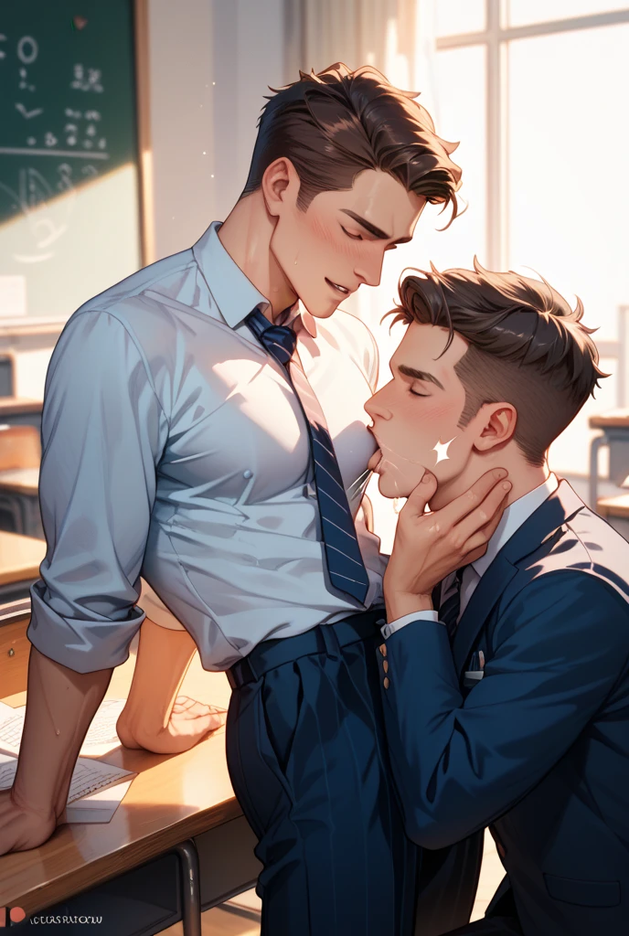 best quality, masterpiece, skinny nerdy man with short blond hair, kneeling under a table to suck a sitting chubby man's penis, fellatio, deepthroat, cheek bulge, cum, grab hair, blushing, sexy, gay, homoerotic, in dark office, ambient lighting, extremely dramatic shadows, full body, fill frame, perfection, no watermark, no logo, no signature